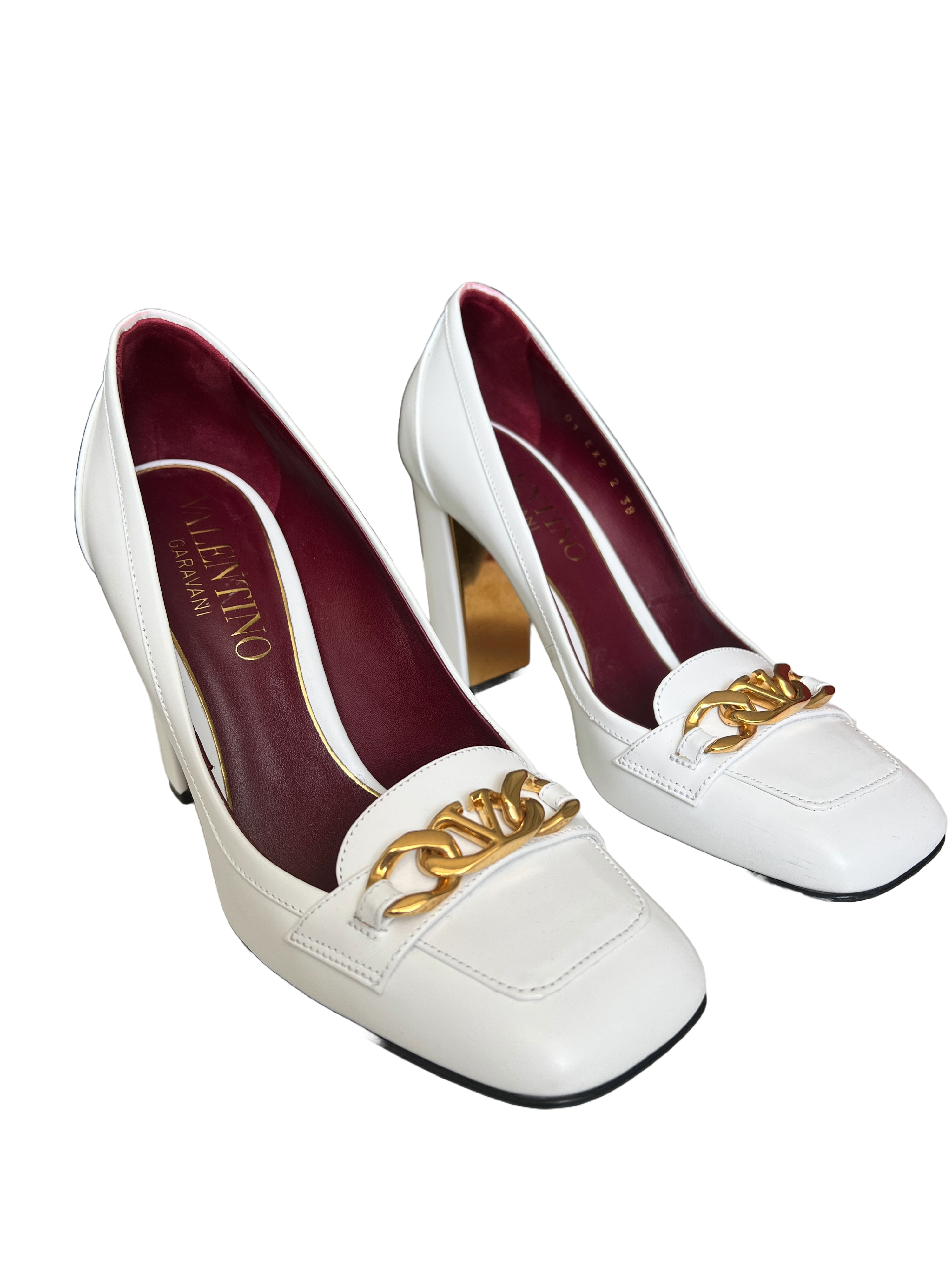 Preowned Valentino White Patent Leather Heeled Loafers Size 38 White Gold Red