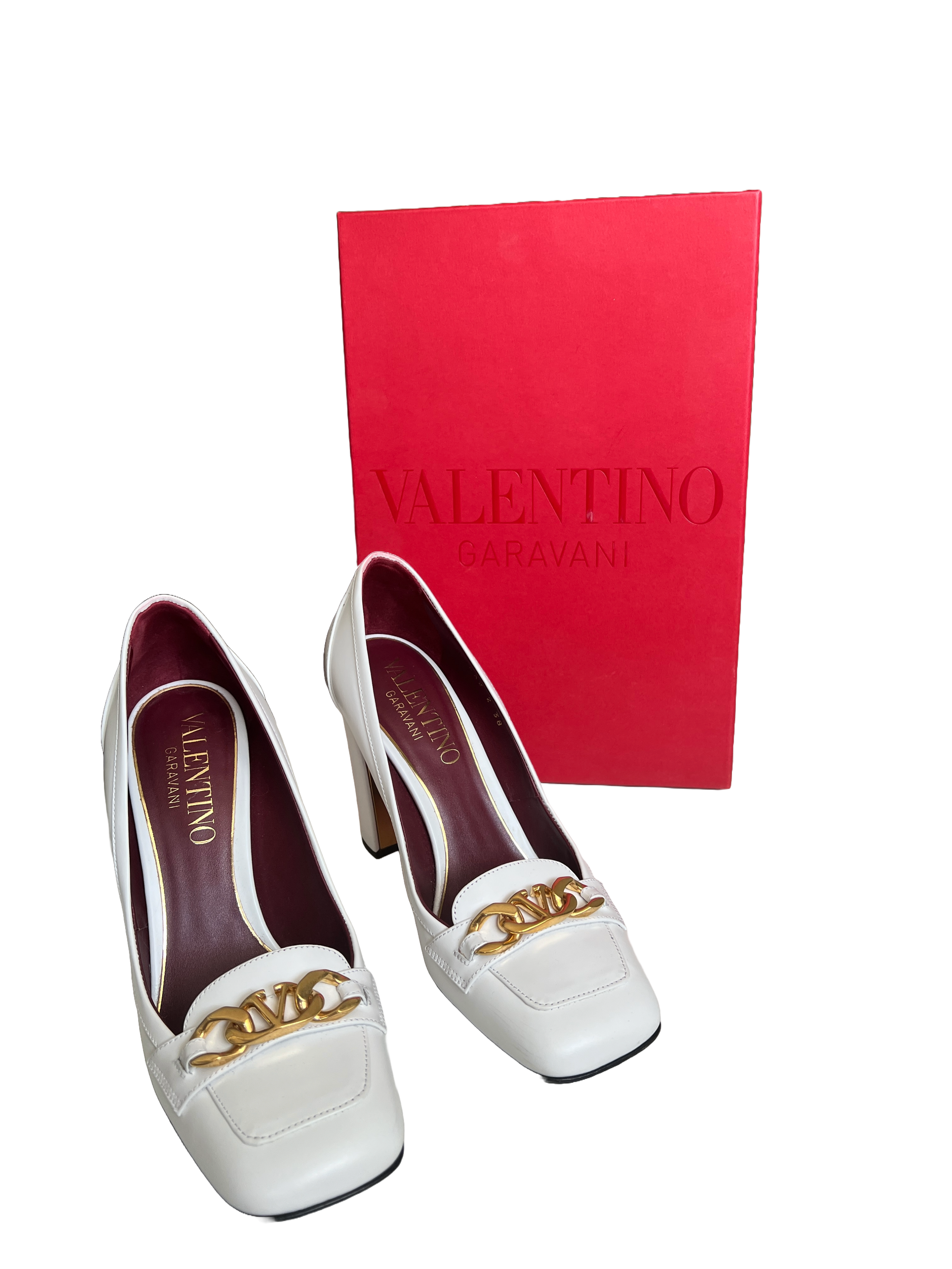 Preowned Valentino White Patent Leather Heeled Loafers Size 38 White Gold Red