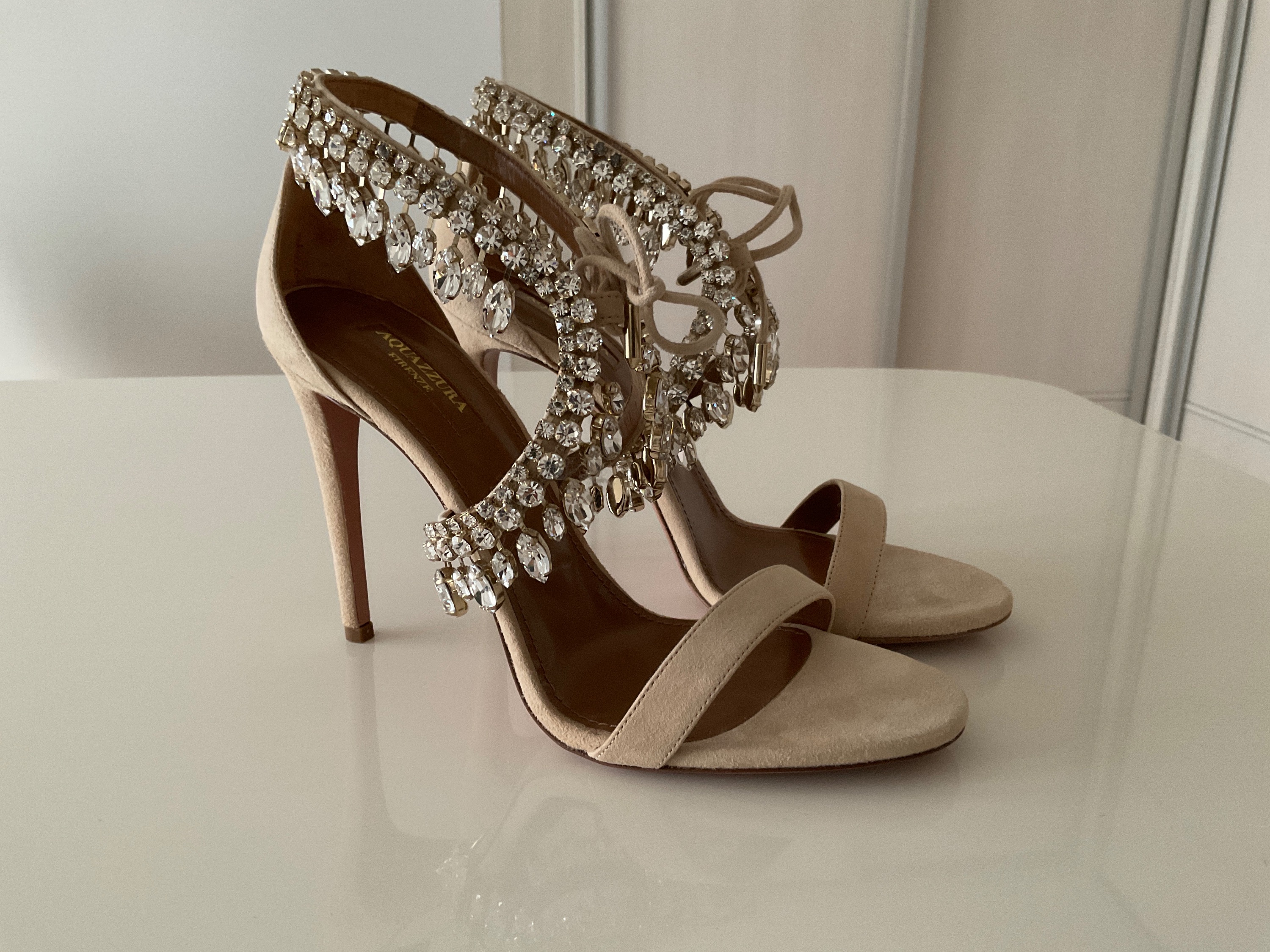 Aquazzura Suede Crystal Embellished Heels Size 38 Nude embellished