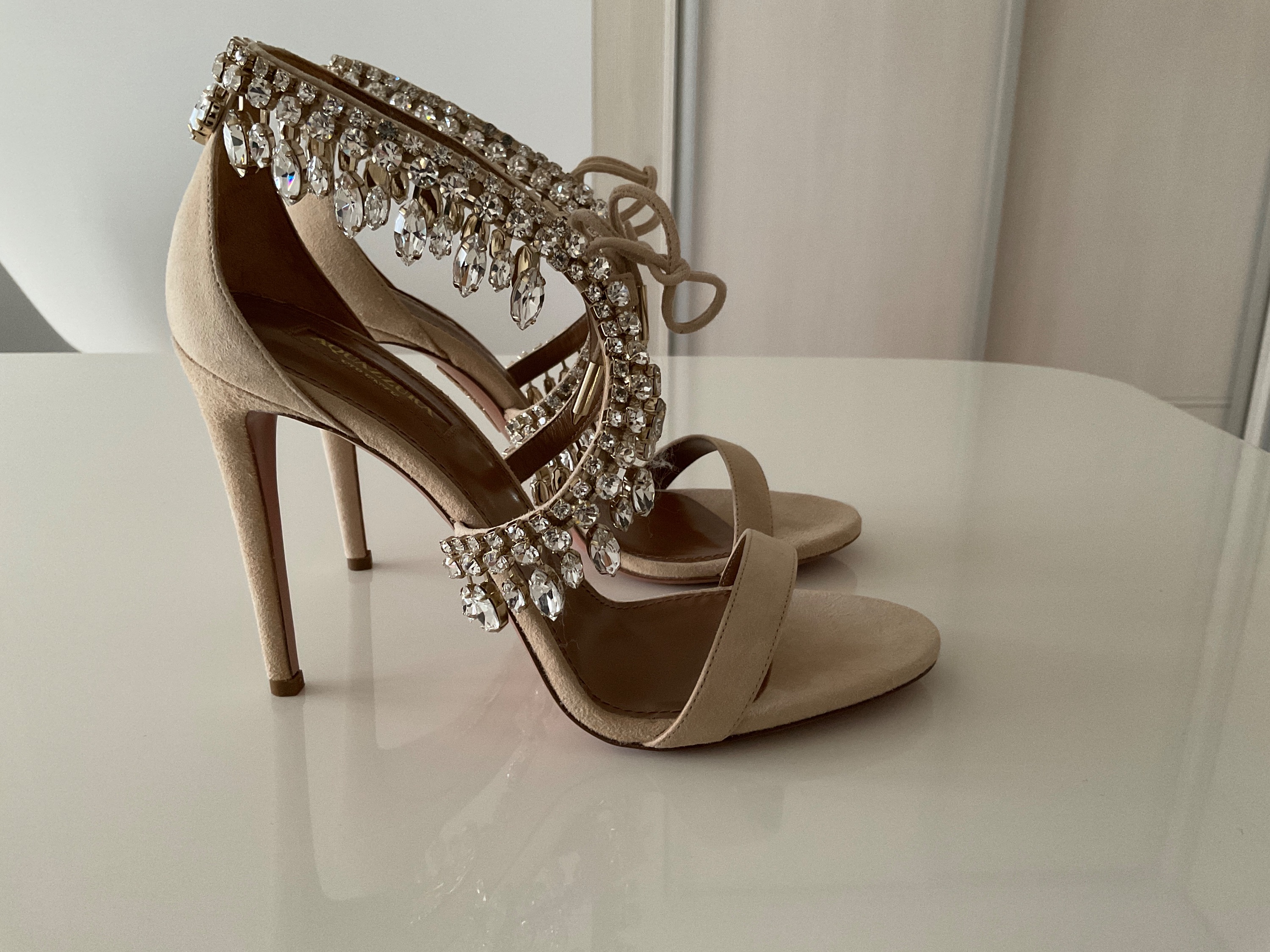 Aquazzura Suede Crystal Embellished Heels Size 38 Nude embellished