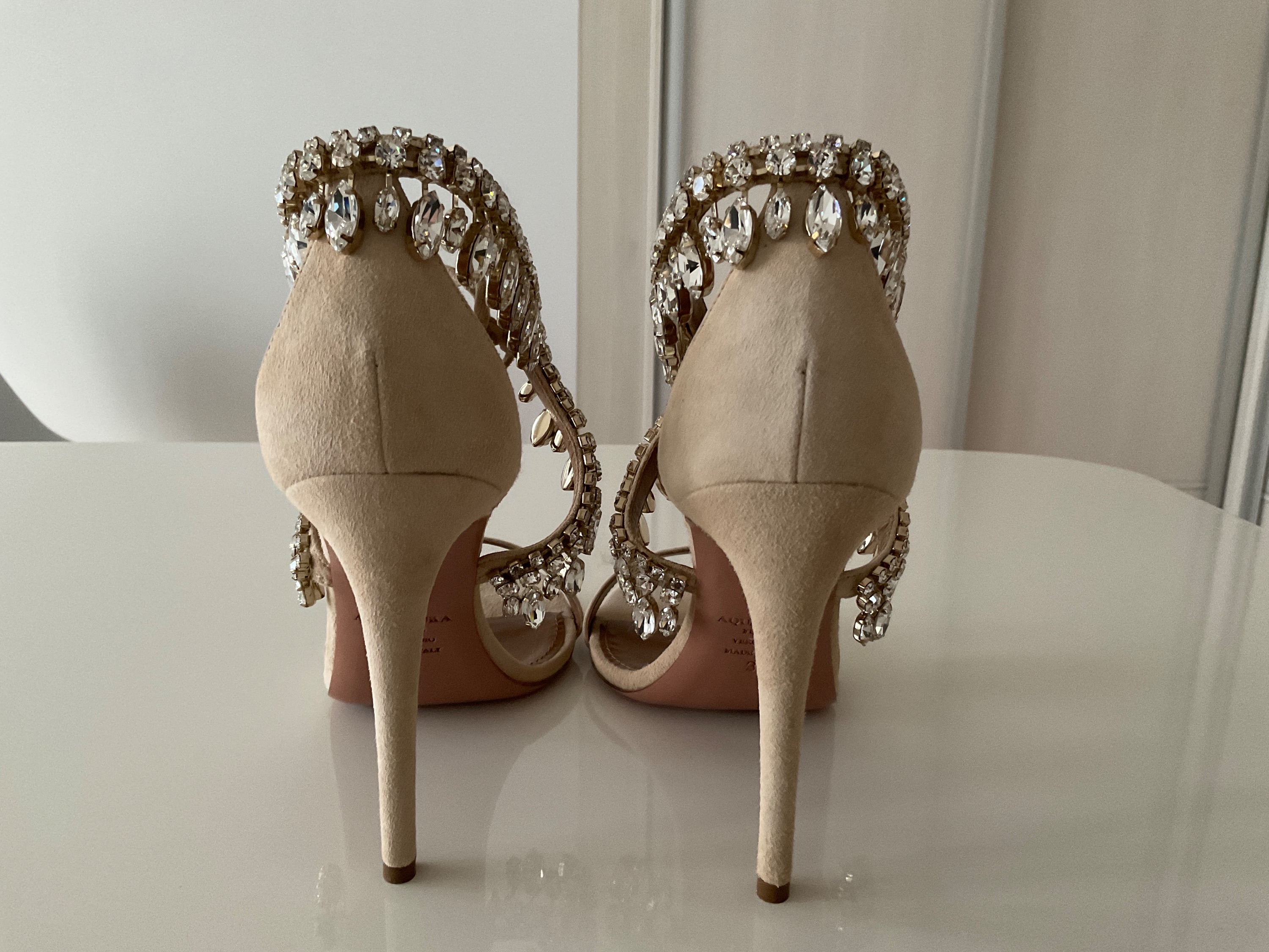 Aquazzura Suede Crystal Embellished Heels Size 38 Nude embellished