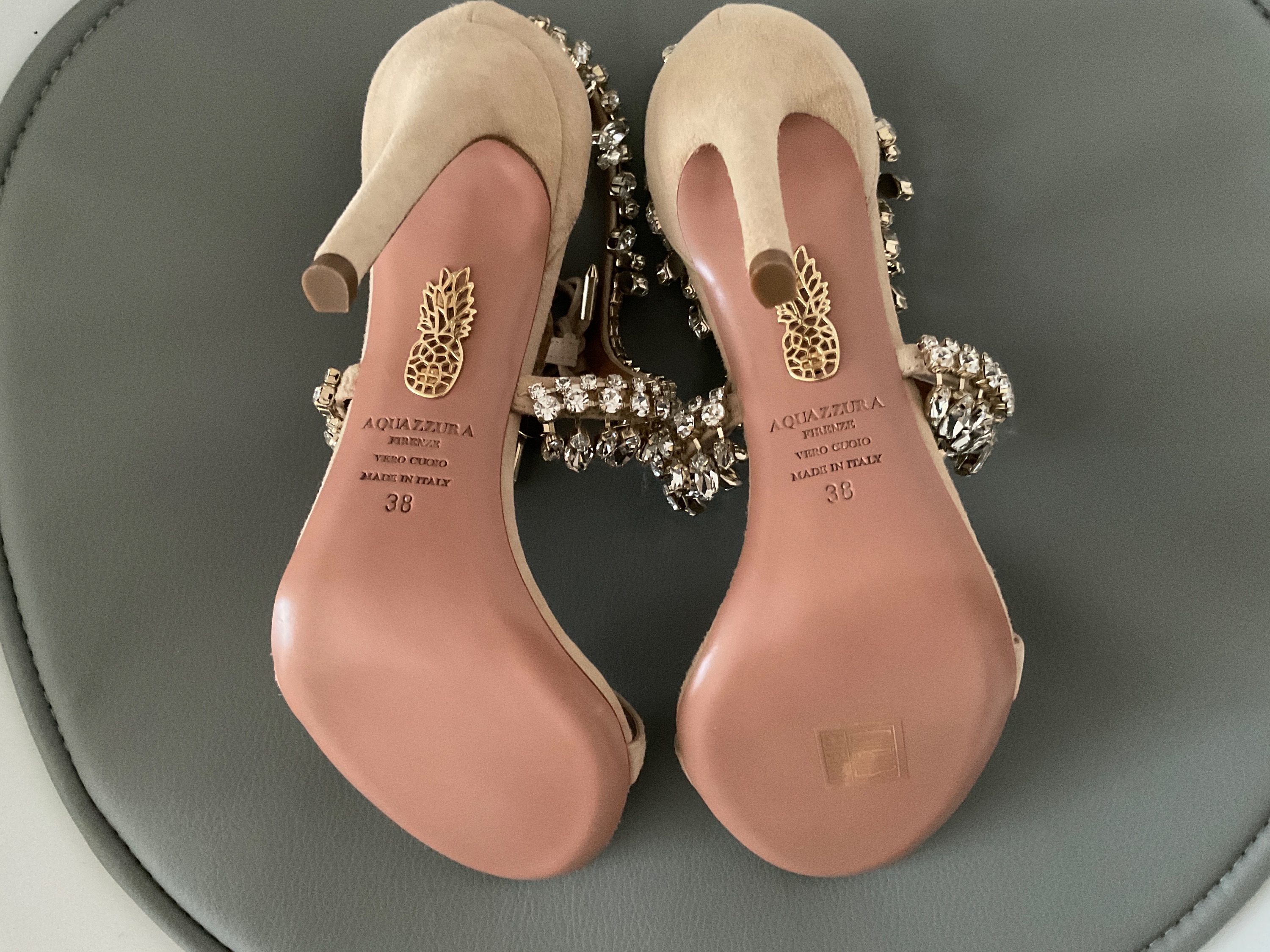 Aquazzura Suede Crystal Embellished Heels Size 38 Nude embellished