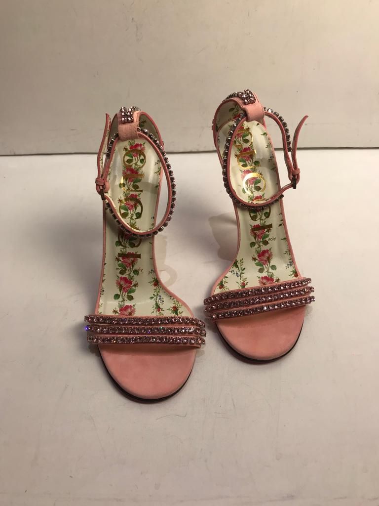 Preowned Gucci Ilse Crystal-embellished Ankle-wrap Sandal Size 37 Pink suede