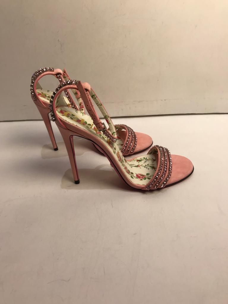 Preowned Gucci Ilse Crystal-embellished Ankle-wrap Sandal Size 37 Pink suede