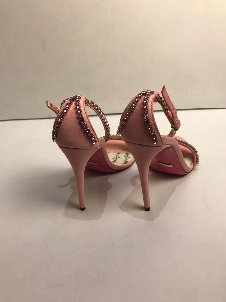 Preowned Gucci Ilse Crystal-embellished Ankle-wrap Sandal Size 37 Pink suede