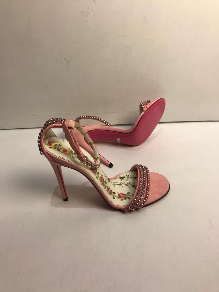 Preowned Gucci Ilse Crystal-embellished Ankle-wrap Sandal Size 37 Pink suede