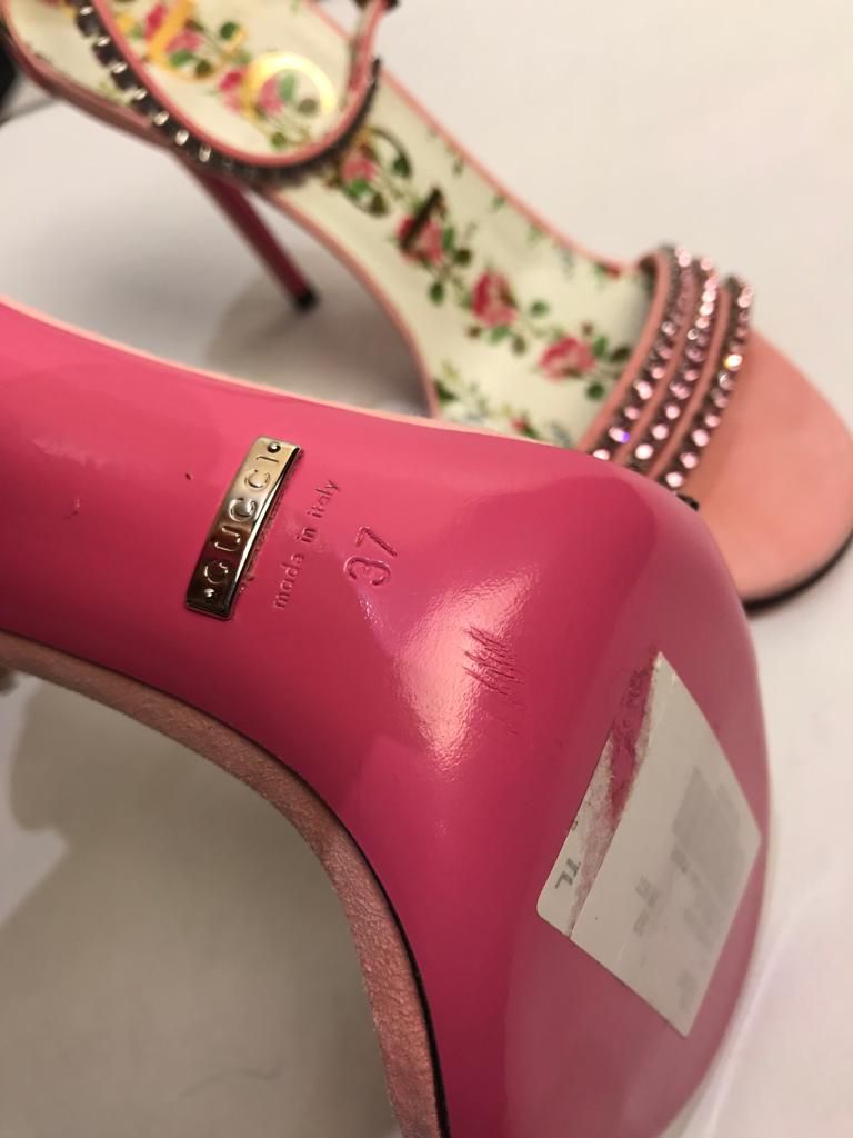 Preowned Gucci Ilse Crystal-embellished Ankle-wrap Sandal Size 37 Pink suede