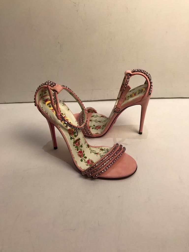 Preowned Gucci Ilse Crystal-embellished Ankle-wrap Sandal Size 37 Pink suede