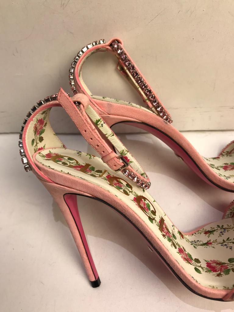 Preowned Gucci Ilse Crystal-embellished Ankle-wrap Sandal Size 37 Pink suede