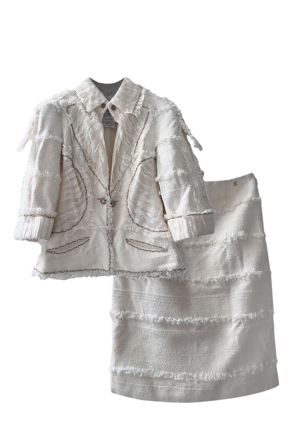 Preowned Chanel White Silk Tulle and Chain Detail Jacket and Skirt Suit Size S Off white ecru tweed/silk tulle