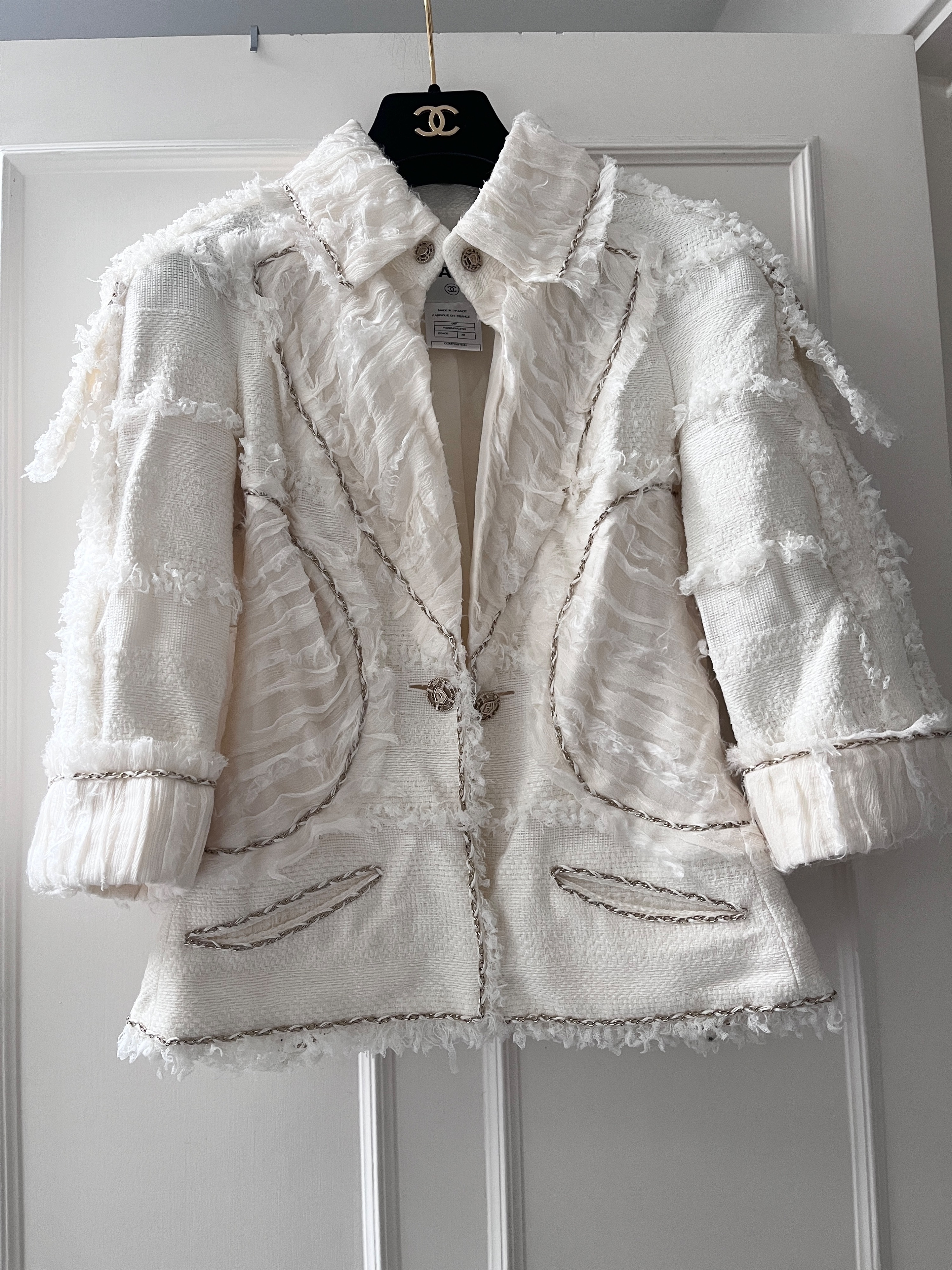 Preowned Chanel White Silk Tulle and Chain Detail Jacket and Skirt Suit Size S Off white ecru tweed/silk tulle