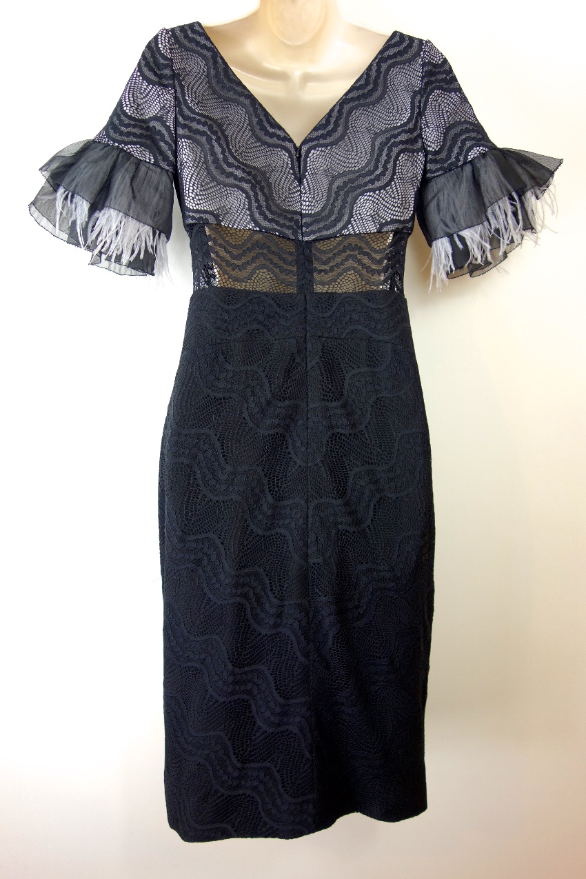 Preowned Three Floor Feather Trimmed Stretch Fitted Dress Size XS Black polyester