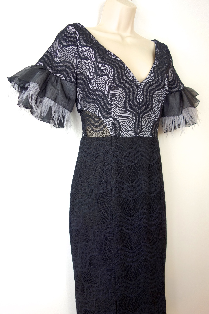 Preowned Three Floor Feather Trimmed Stretch Fitted Dress Size XS Black polyester