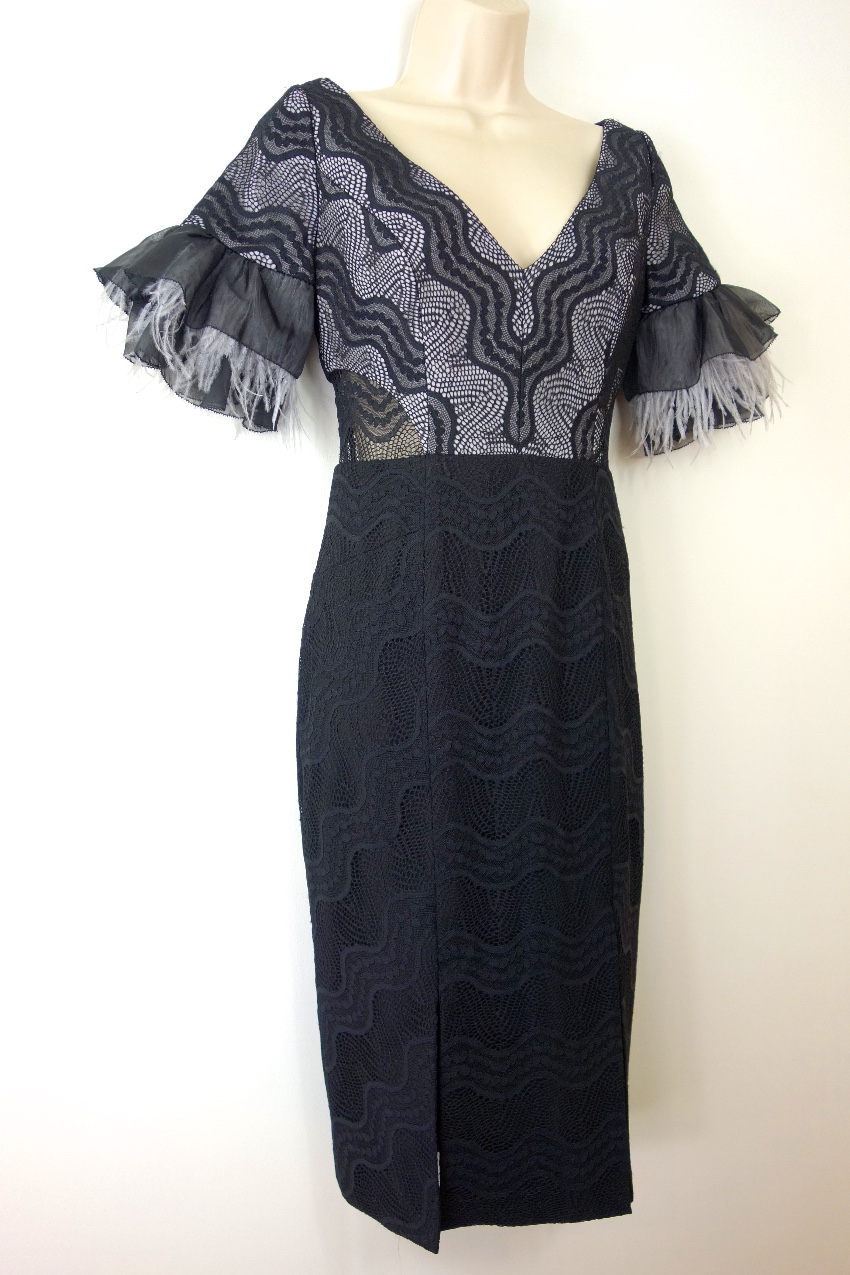 Preowned Three Floor Feather Trimmed Stretch Fitted Dress Size XS Black polyester