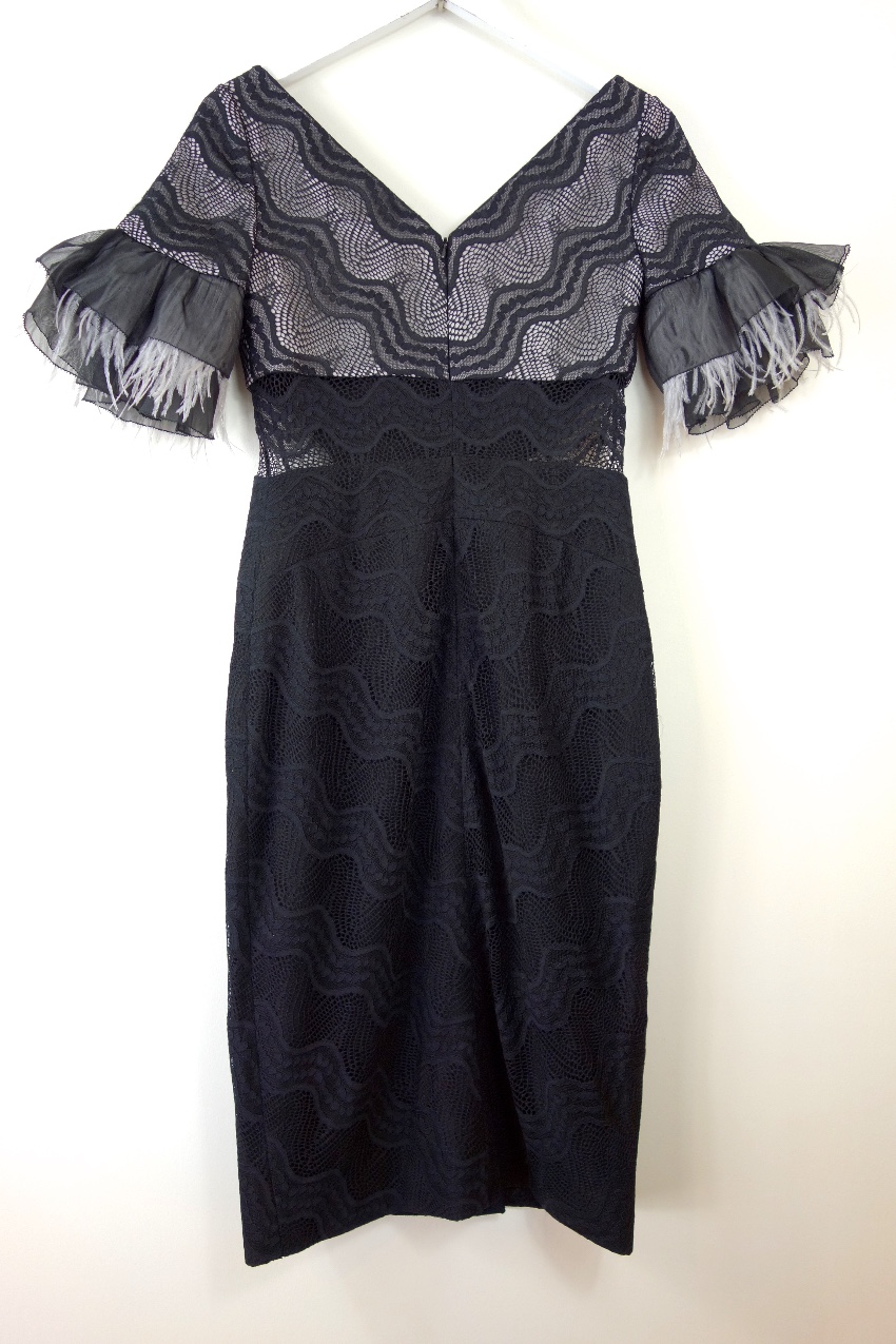 Preowned Three Floor Feather Trimmed Stretch Fitted Dress Size XS Black polyester