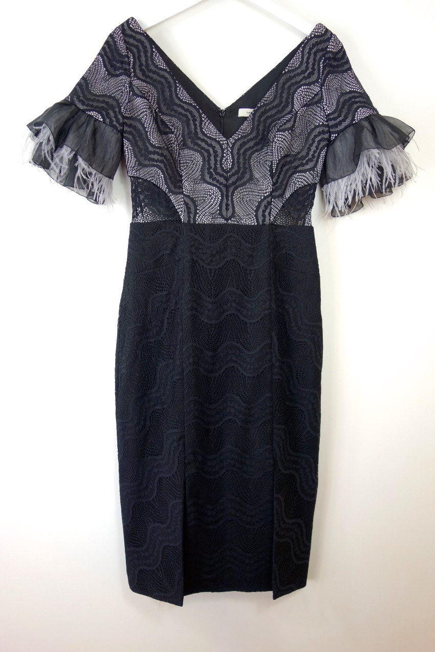 Preowned Three Floor Feather Trimmed Stretch Fitted Dress Size XS Black polyester