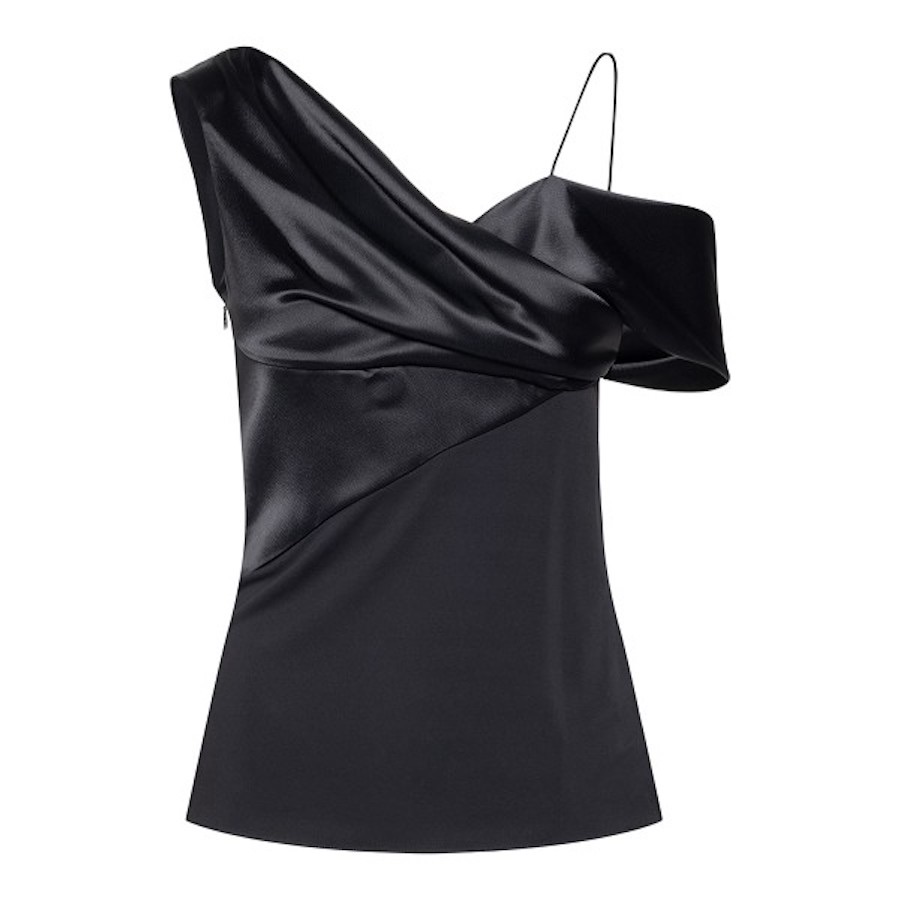 Loewe Black Draped Satin Top with Chain Embellishment Detail Size S triacetate