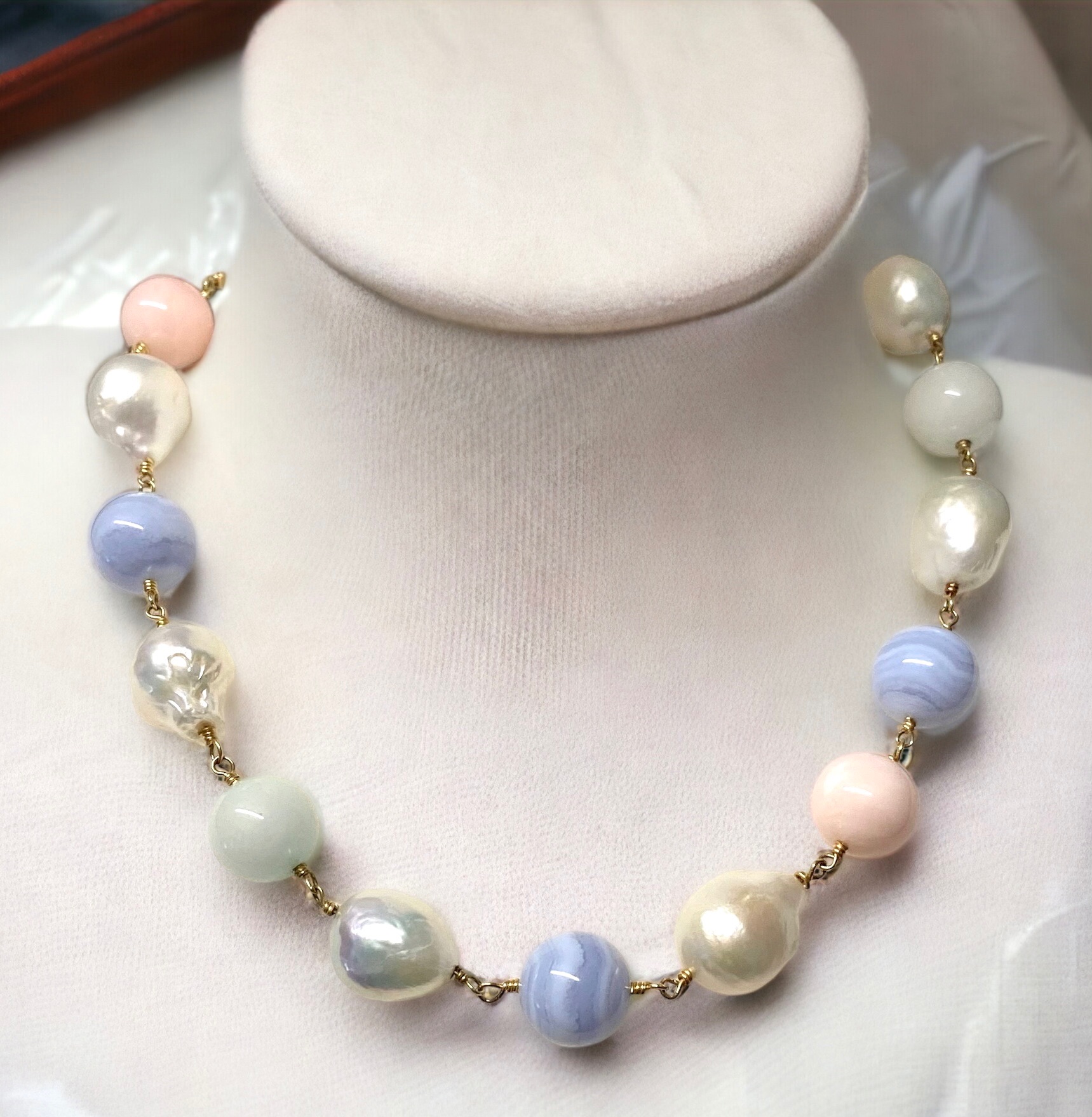 Preowned Bespoke Blue Lace Agate Pink Quartz and White Hardstone Beaded Necklace Gold ct gold