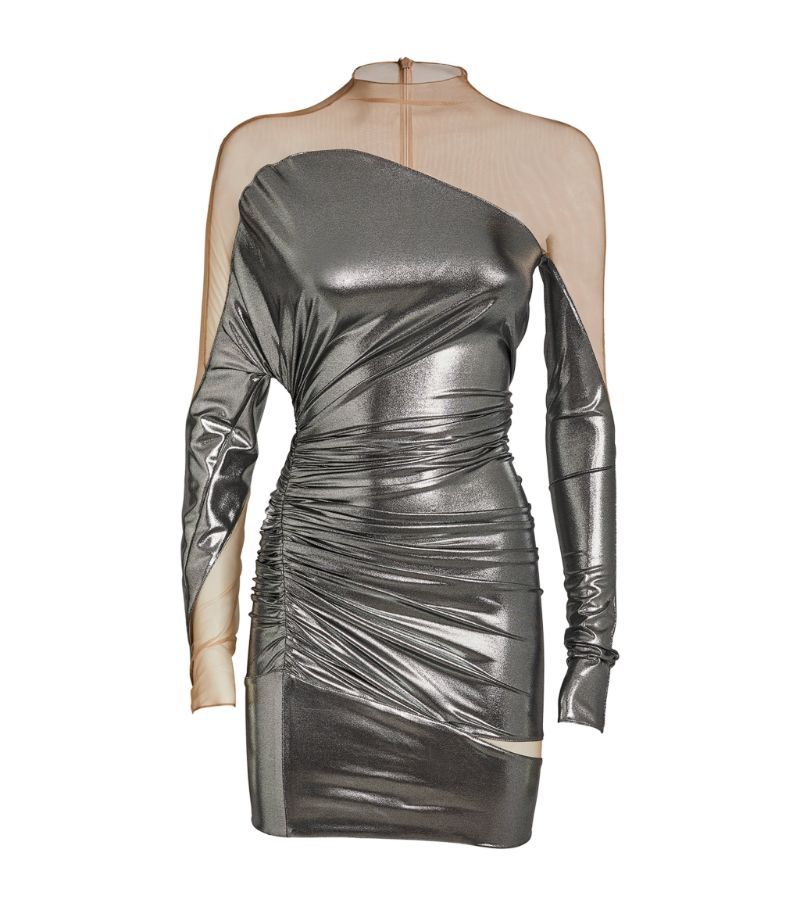 Mugler Metallic Impossible Neckline Mini Dress Size XXS Silver polyamide