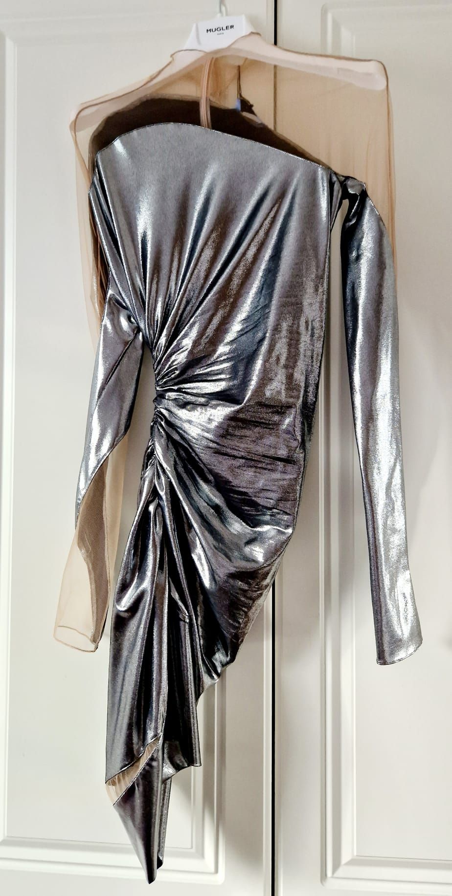 Mugler Metallic Impossible Neckline Mini Dress Size XXS Silver polyamide