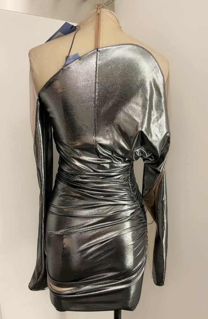 Mugler Metallic Impossible Neckline Mini Dress Size XXS Silver polyamide