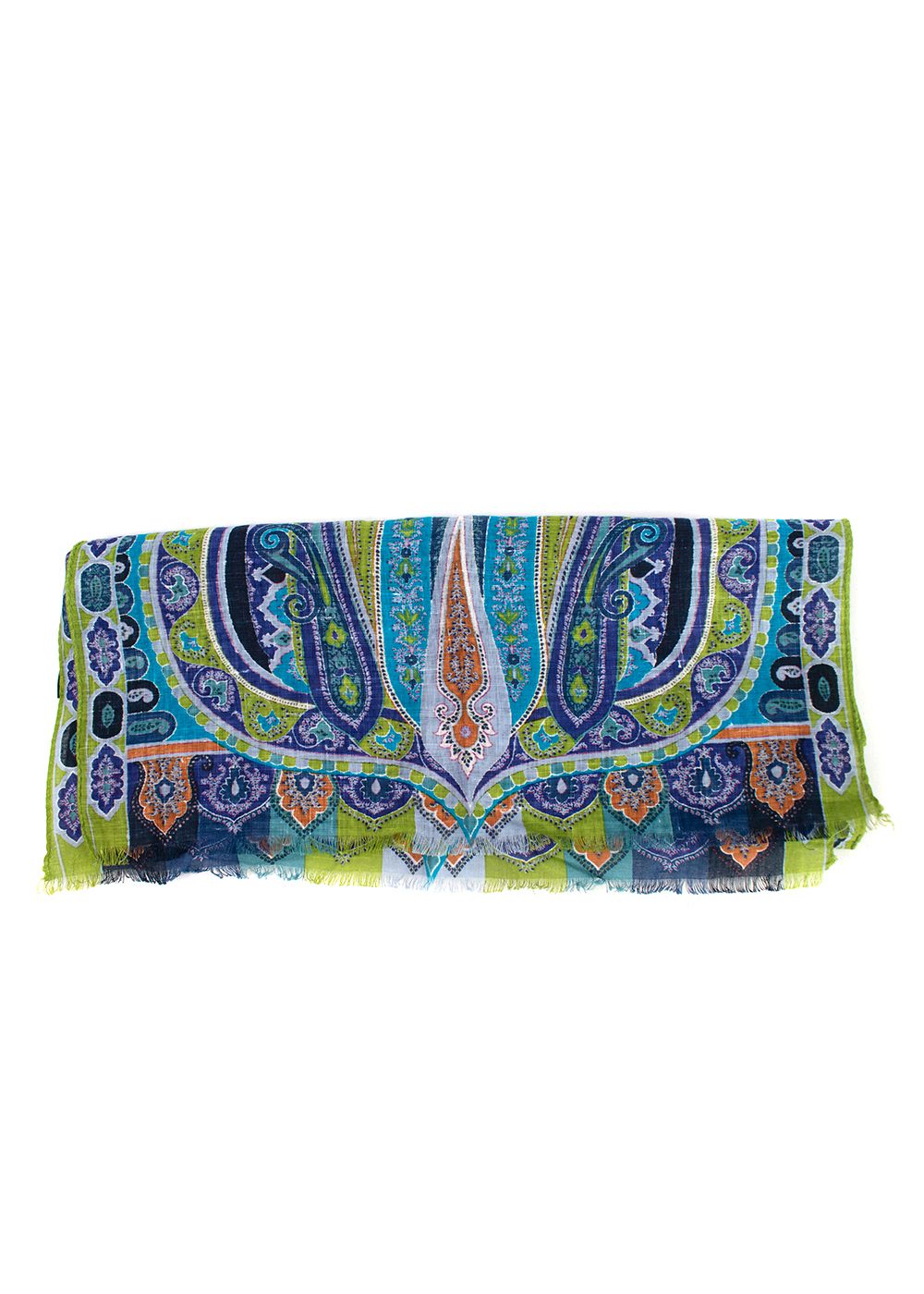 Etro Green and Blue Paisley Linen Scarf Multi-Coloured