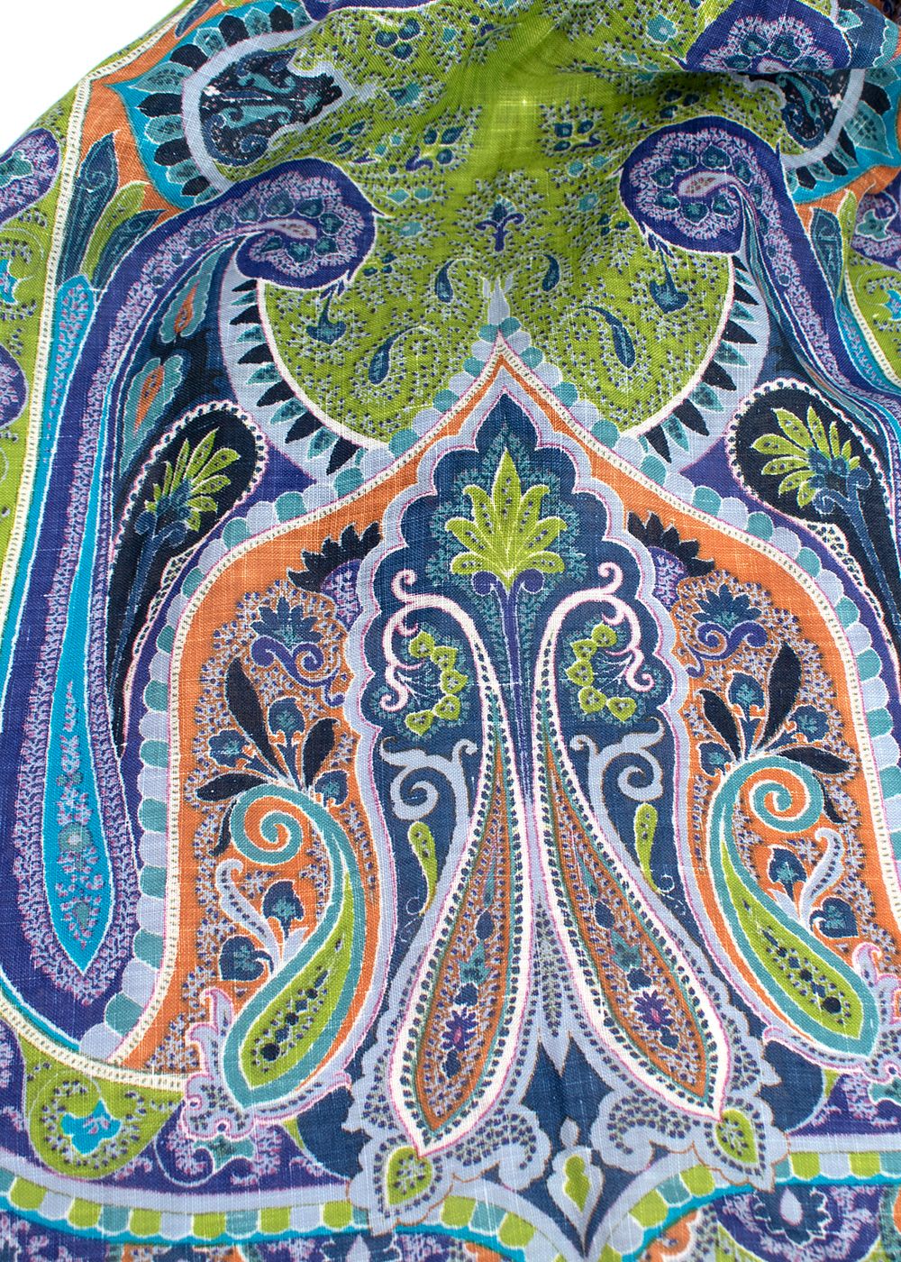 Etro Green and Blue Paisley Linen Scarf