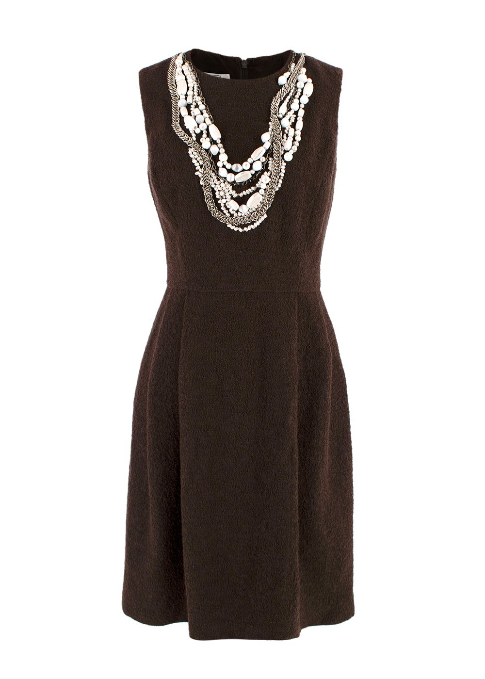 Preowned Oscar De La Renta Brown Textured Embellished Dress Size XS Chocolate Brown silk