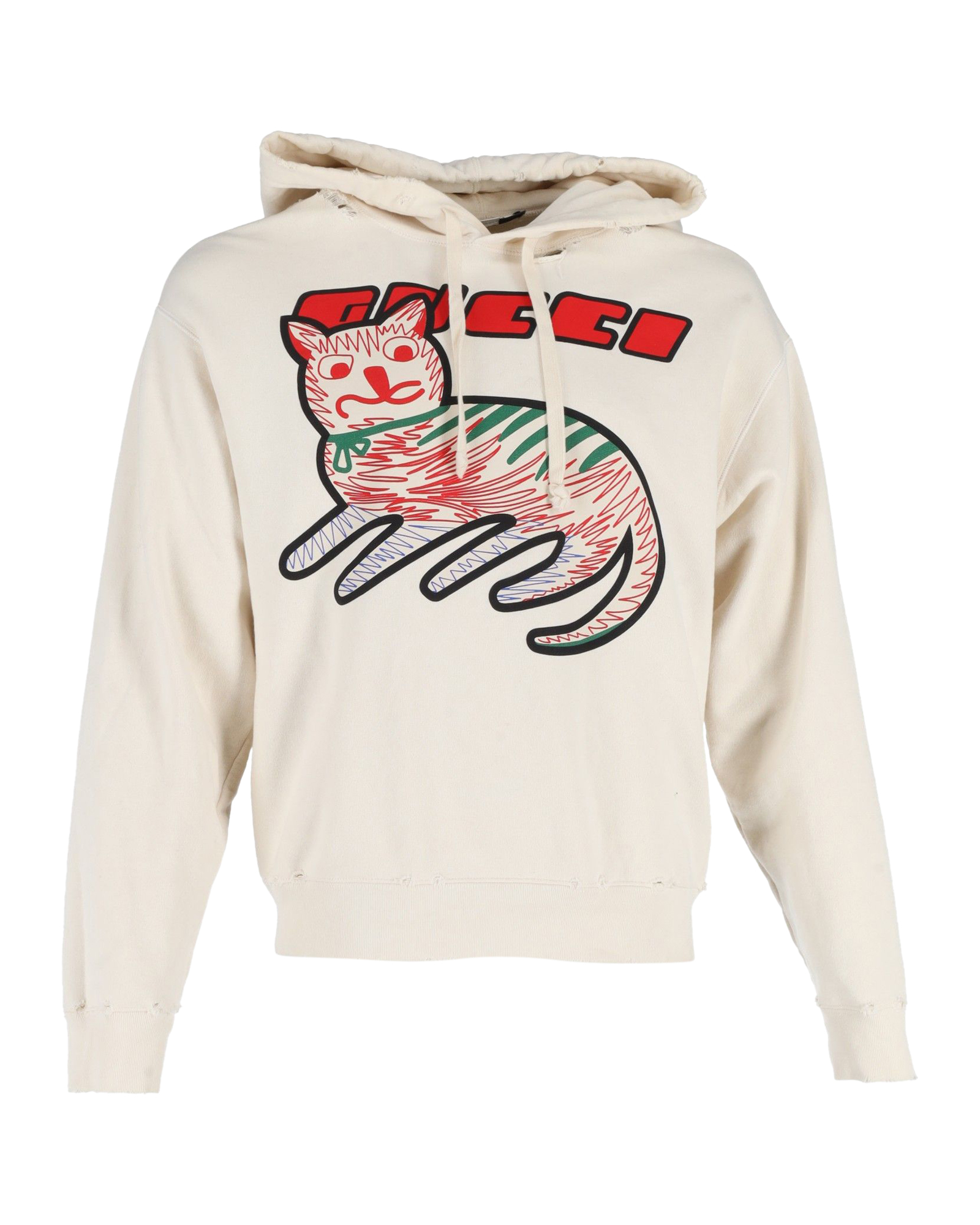 Gucci Cream Distressed Cat-Print Hoodie Size S