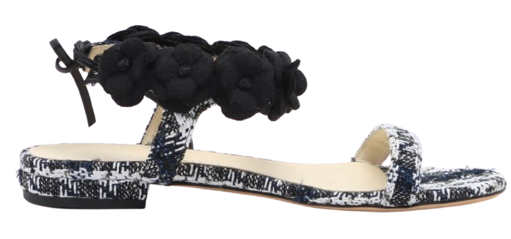 Preowned Chanel Black and White Tweed Camellia Embellished Sandals Size 385 Multi blue and black electric blue cloth