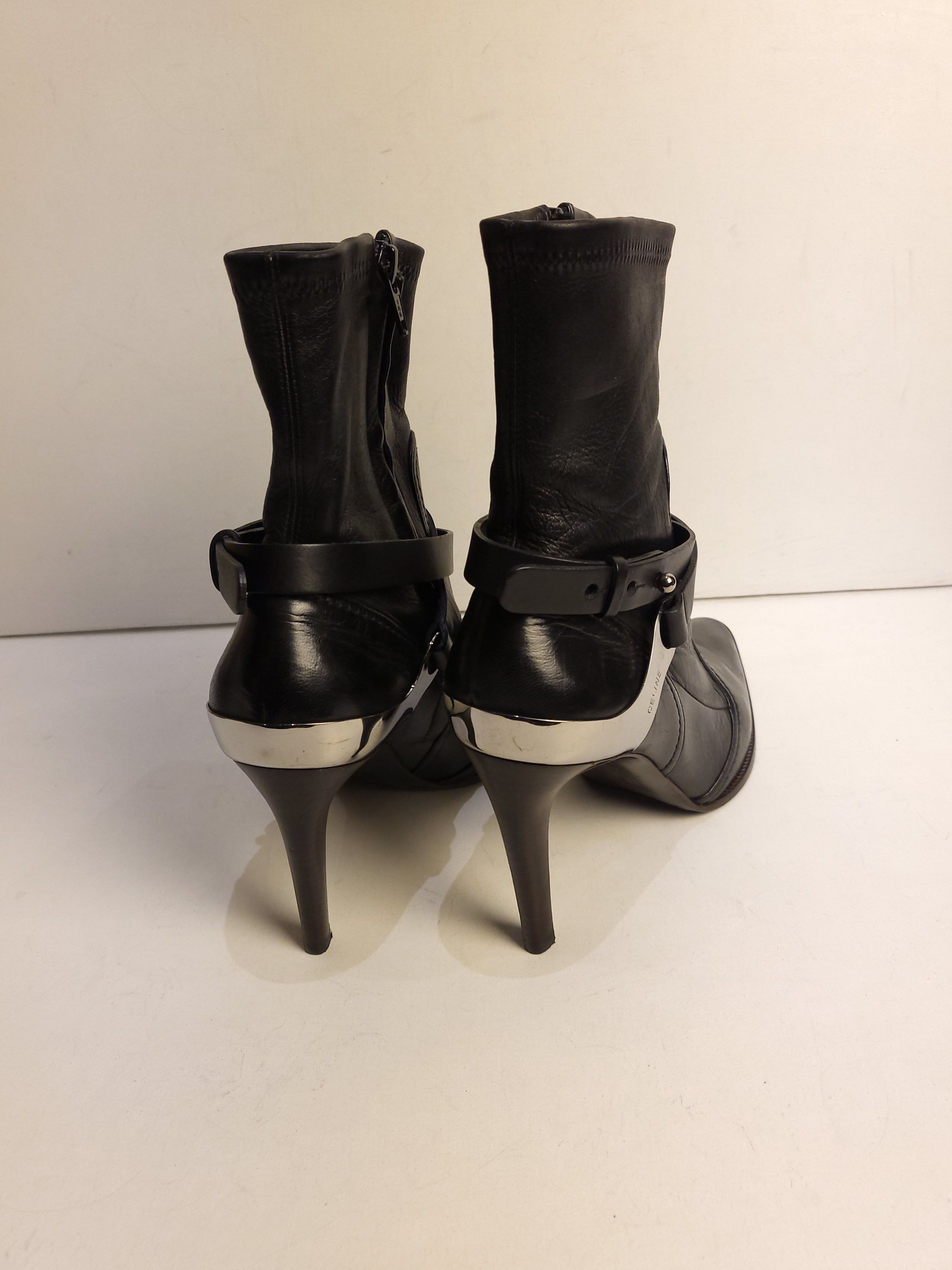 Preowned Celine vintage black leather ankle strap heeled boots Size 38