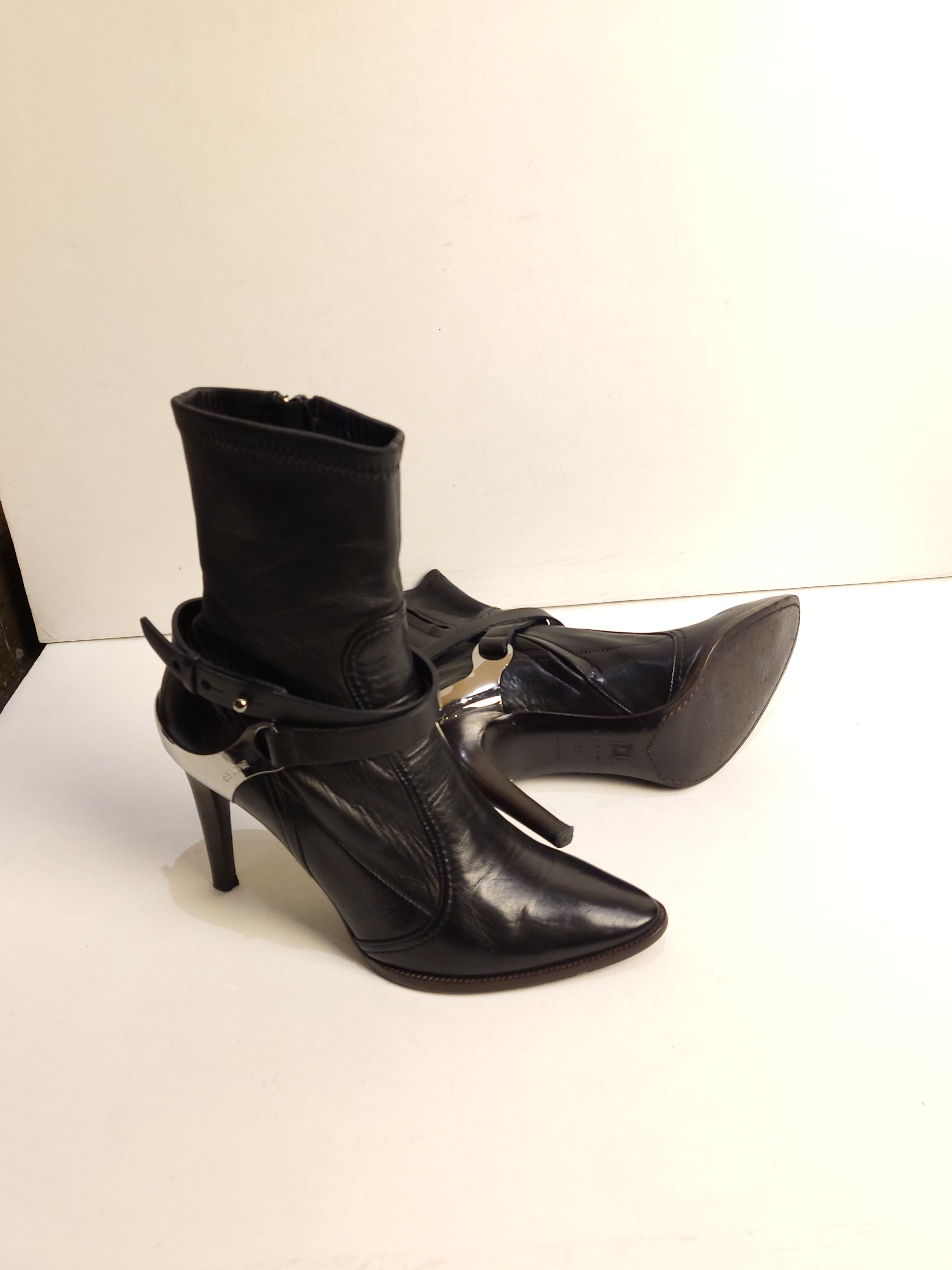 Preowned Celine vintage black leather ankle strap heeled boots Size 38