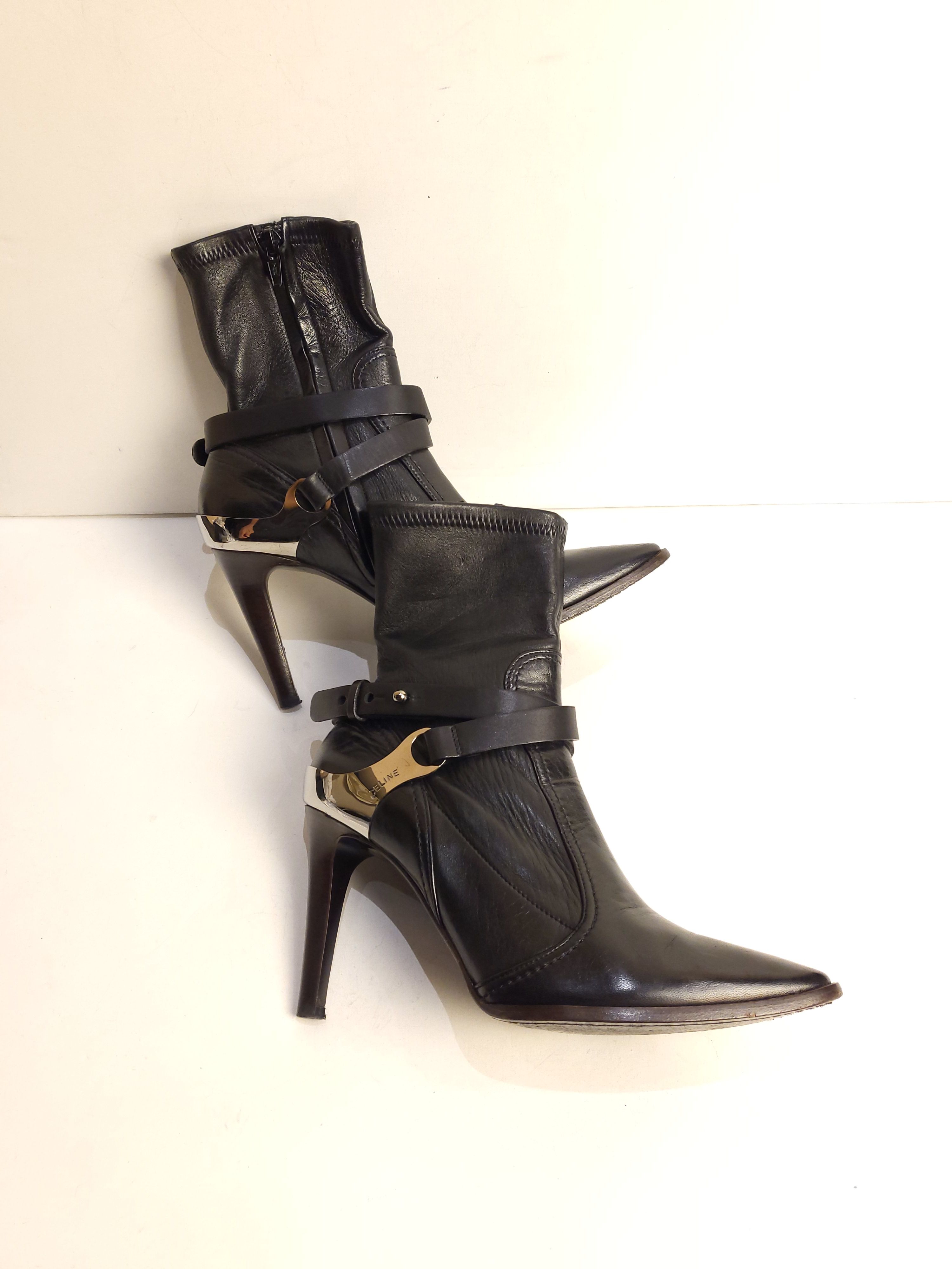 Preowned Celine vintage black leather ankle strap heeled boots Size 38