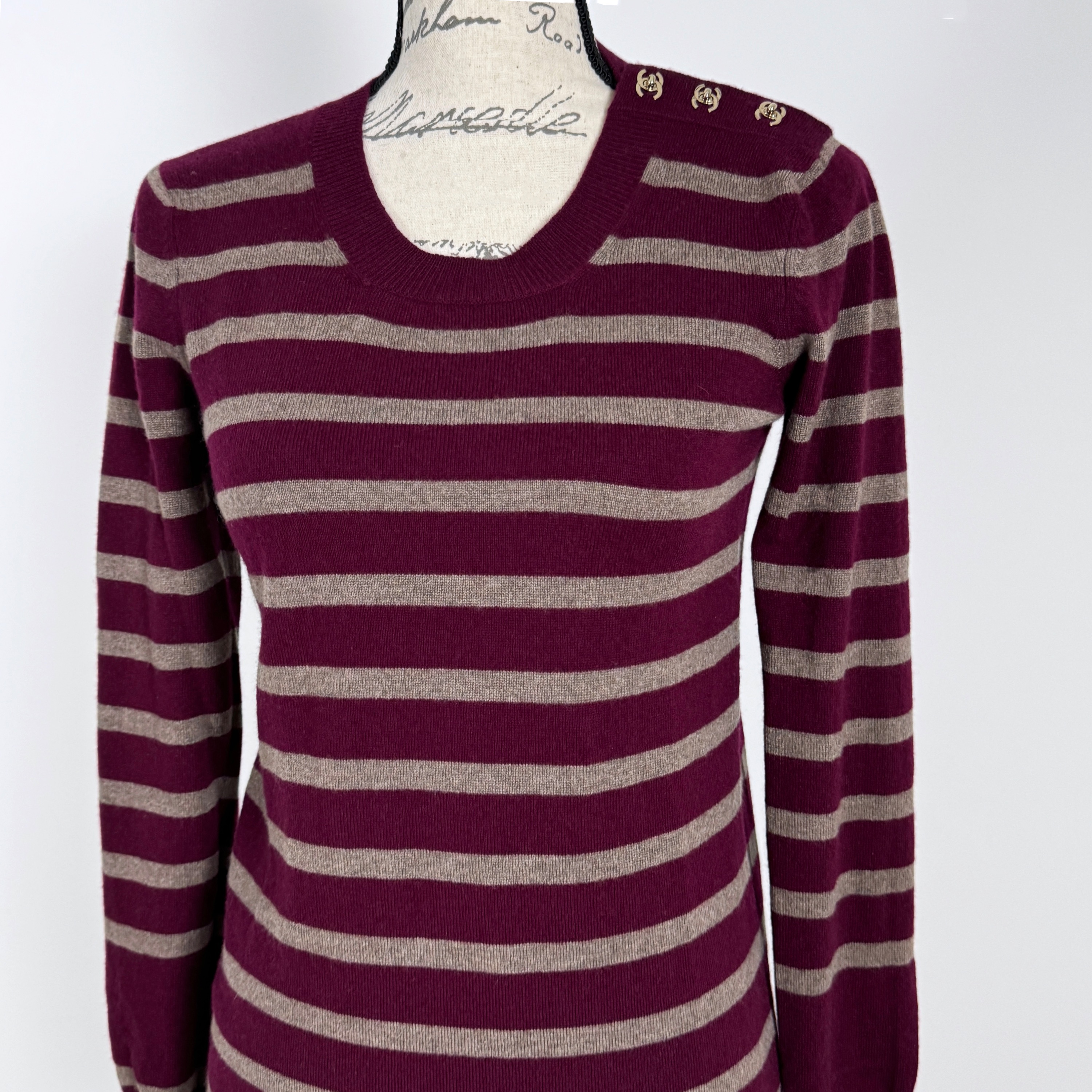 Chanel Burgundy Stiped Cashmere Jumper Size S