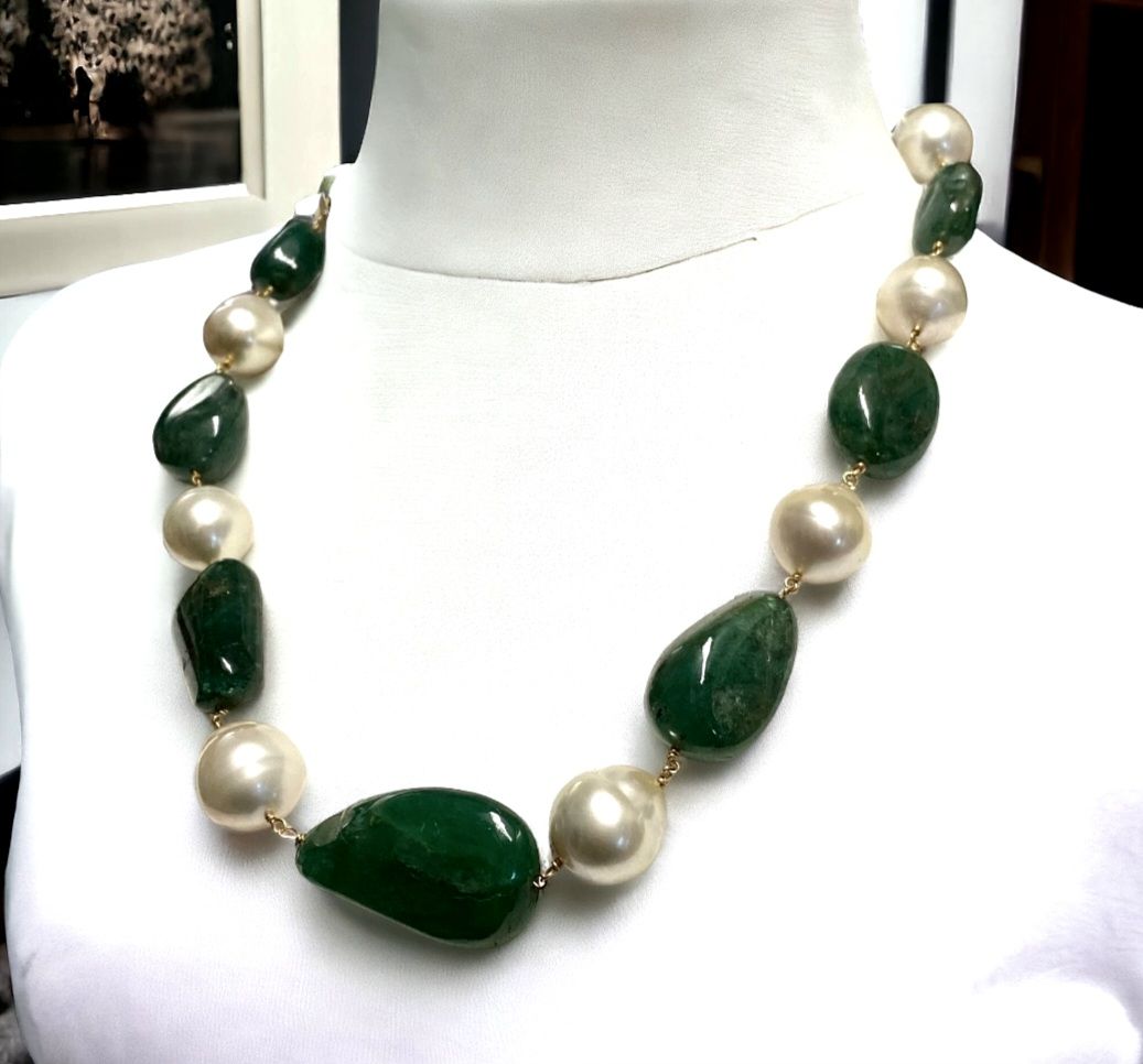 Preowned Bespoke 22ct Gold  Untreated Emerald and Pearl Necklace Yellow gold ct gold