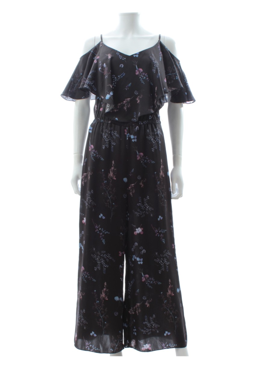 Preowned Rachel Zoe Cold-Shoulder Ruffled Floral-Print Silk-Satin Jumpsuit Size XS Black silk