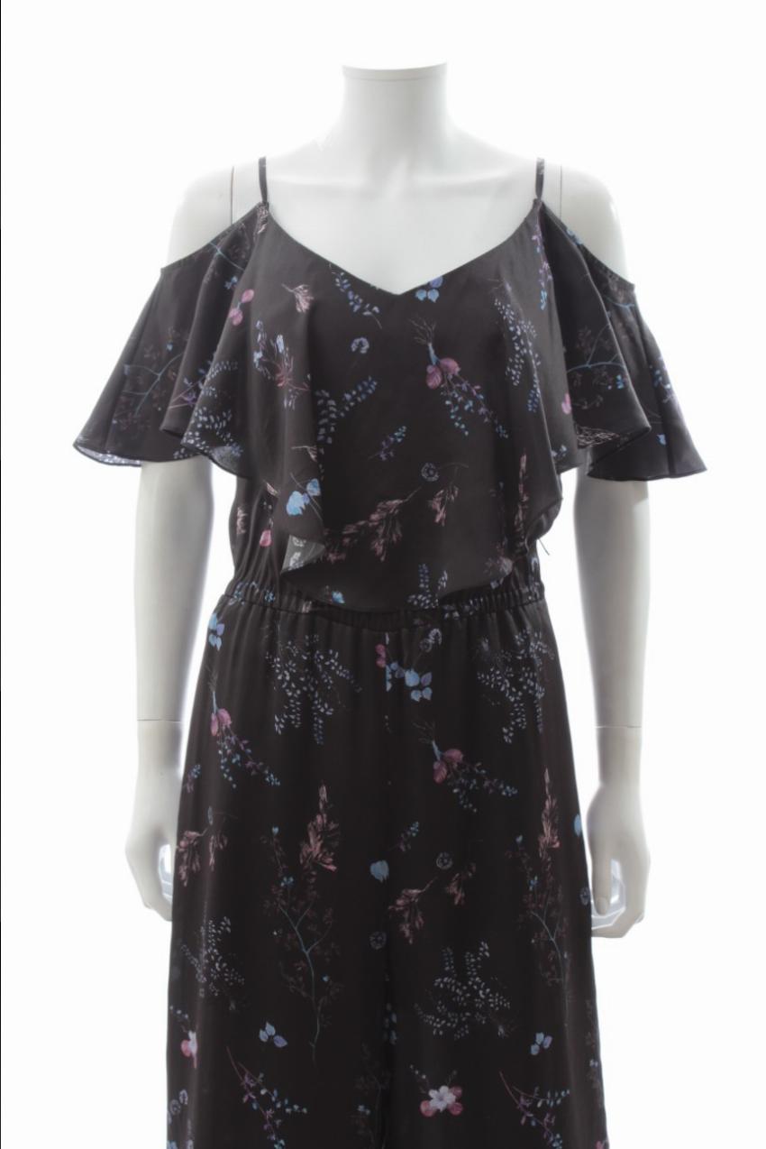 Preowned Rachel Zoe Cold-Shoulder Ruffled Floral-Print Silk-Satin Jumpsuit Size XS Black silk