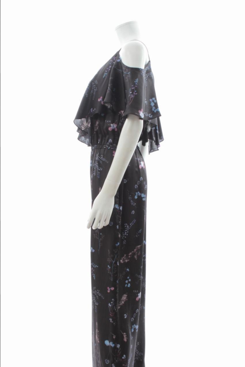 Preowned Rachel Zoe Cold-Shoulder Ruffled Floral-Print Silk-Satin Jumpsuit Size XS Black silk