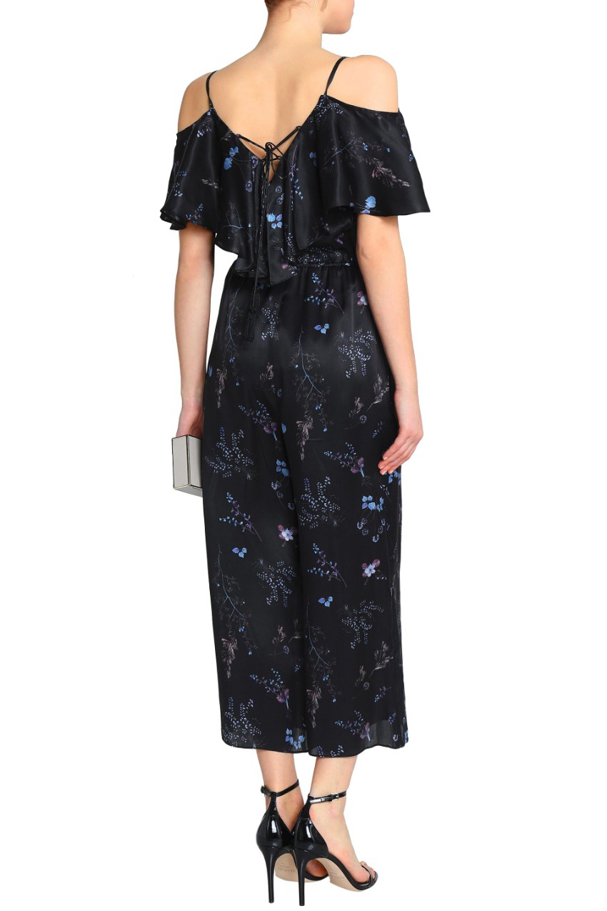 Preowned Rachel Zoe Cold-Shoulder Ruffled Floral-Print Silk-Satin Jumpsuit Size XS Black silk