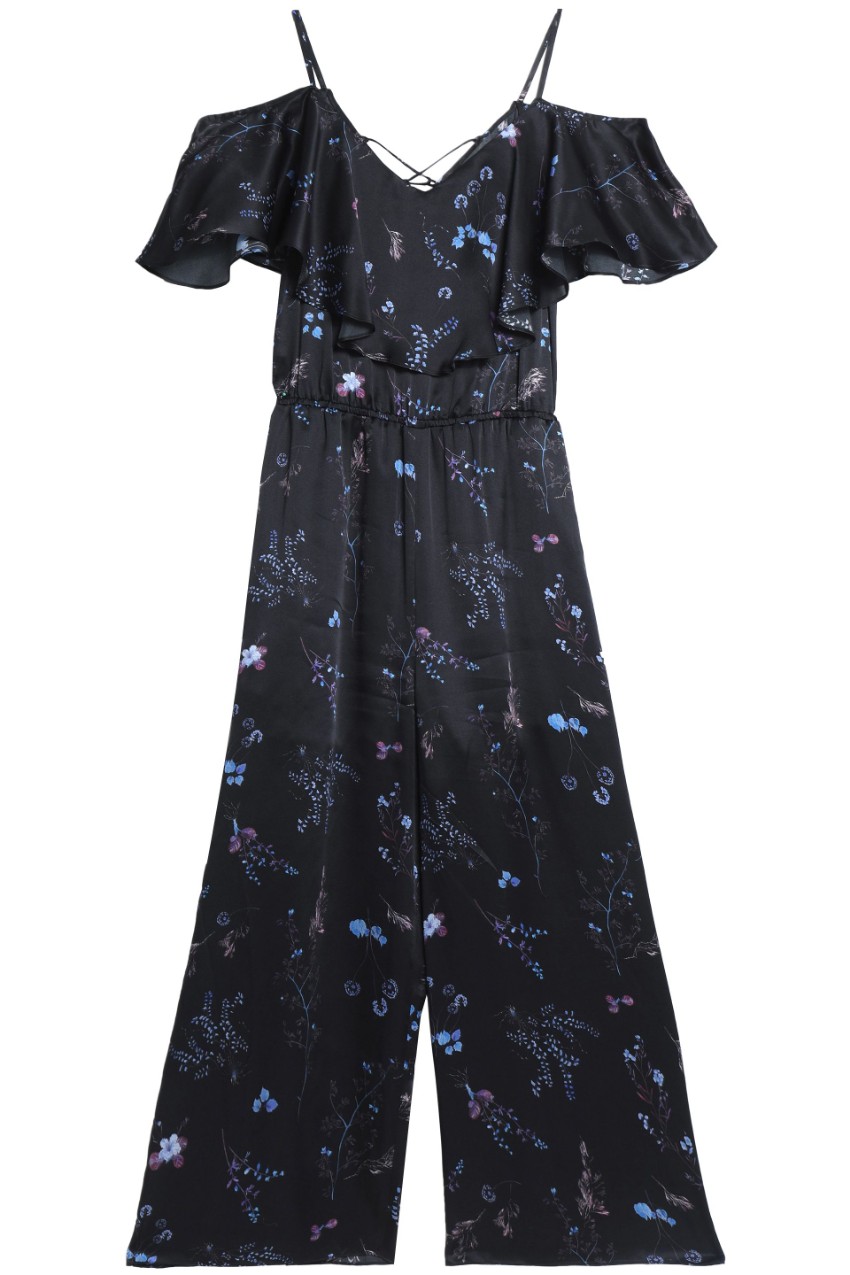 Preowned Rachel Zoe Cold-Shoulder Ruffled Floral-Print Silk-Satin Jumpsuit Size XS Black silk