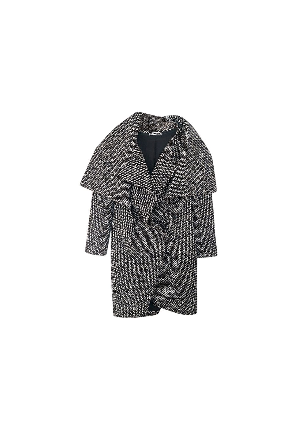 Preowned Jil Sander Tweed Wool Funnel Wrap coat Size S black and white cotton