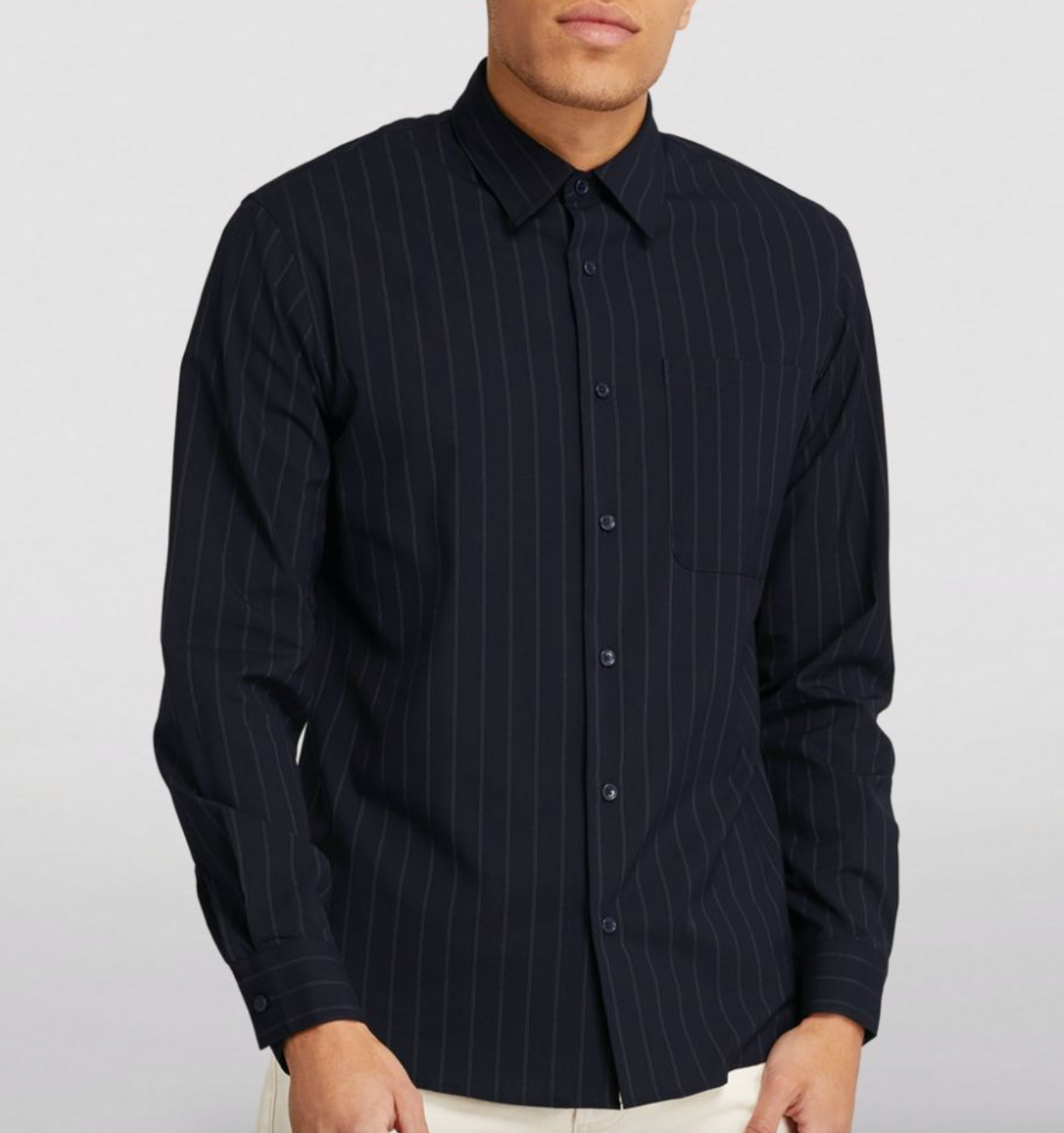 Men's Sandro Navy Pinstriped Shirt Size L polyester