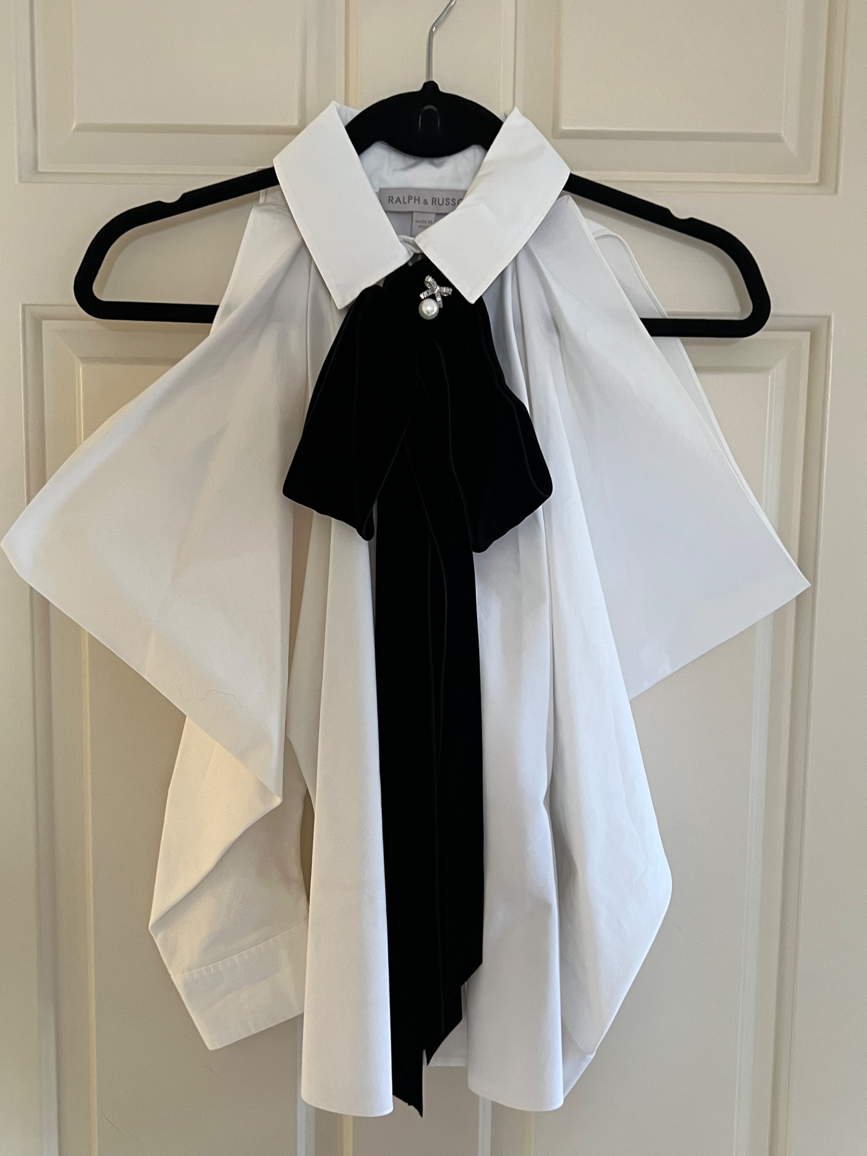 Ralph  Russo White Cotton Cold Shoulder Velvet Neck Tie Shirt Size S