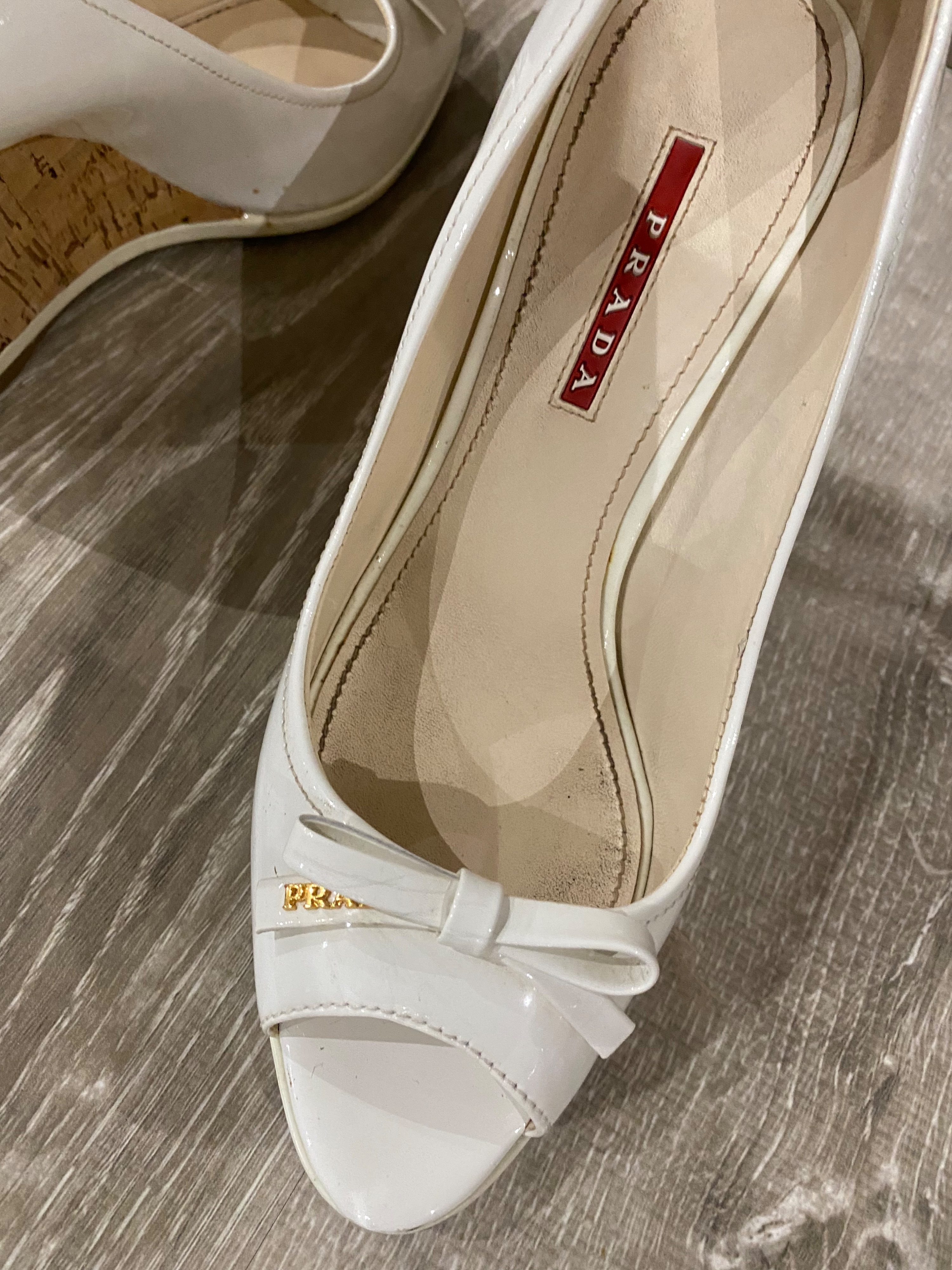 Preowned Prada Linea Rossa white patent leather cork wedge heeled pumps Size 38