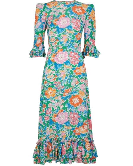 Preowned The Vampires Wife Floral Falconetti Silk Dress Size S Blue peach green pink orange white