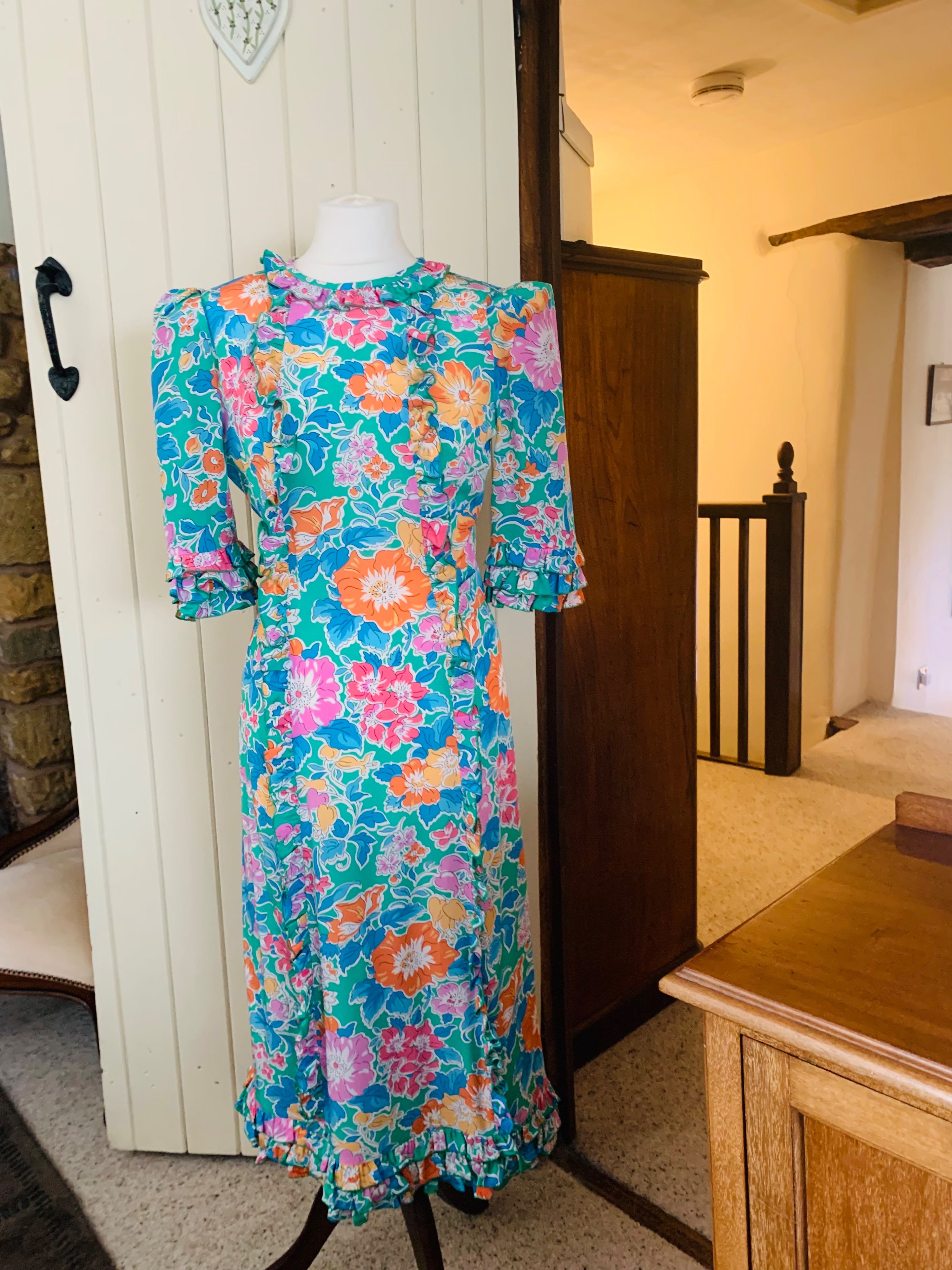 Preowned The Vampires Wife Floral Falconetti Silk Dress Size S Blue peach green pink orange white