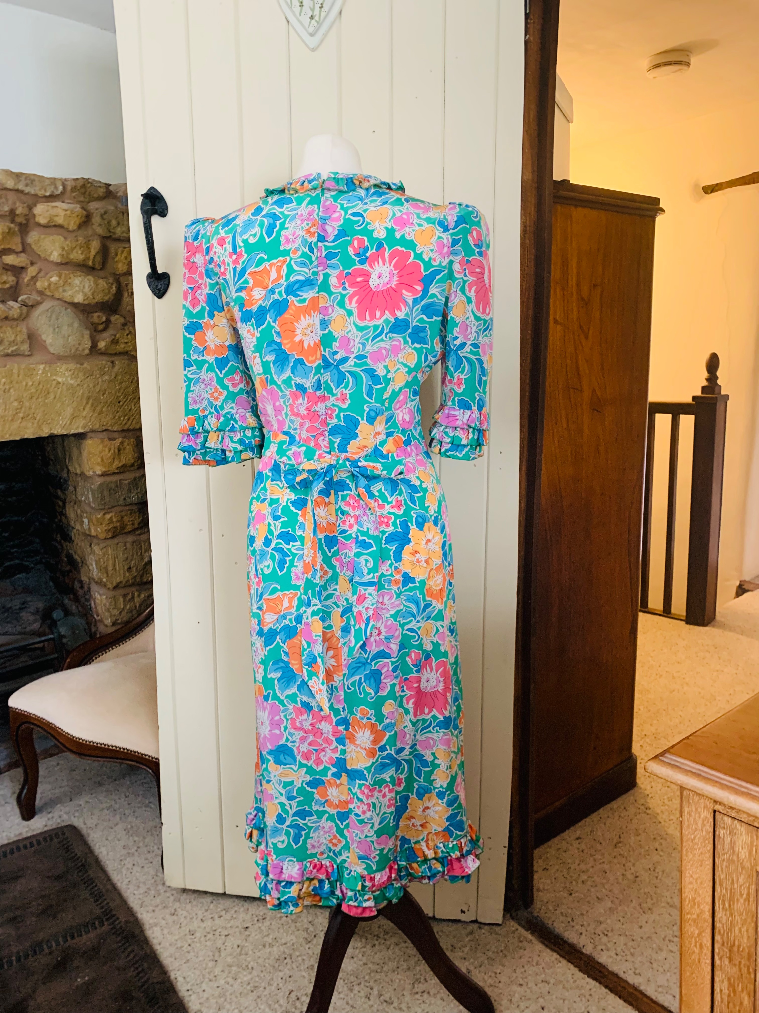 Preowned The Vampires Wife Floral Falconetti Silk Dress Size S Blue peach green pink orange white