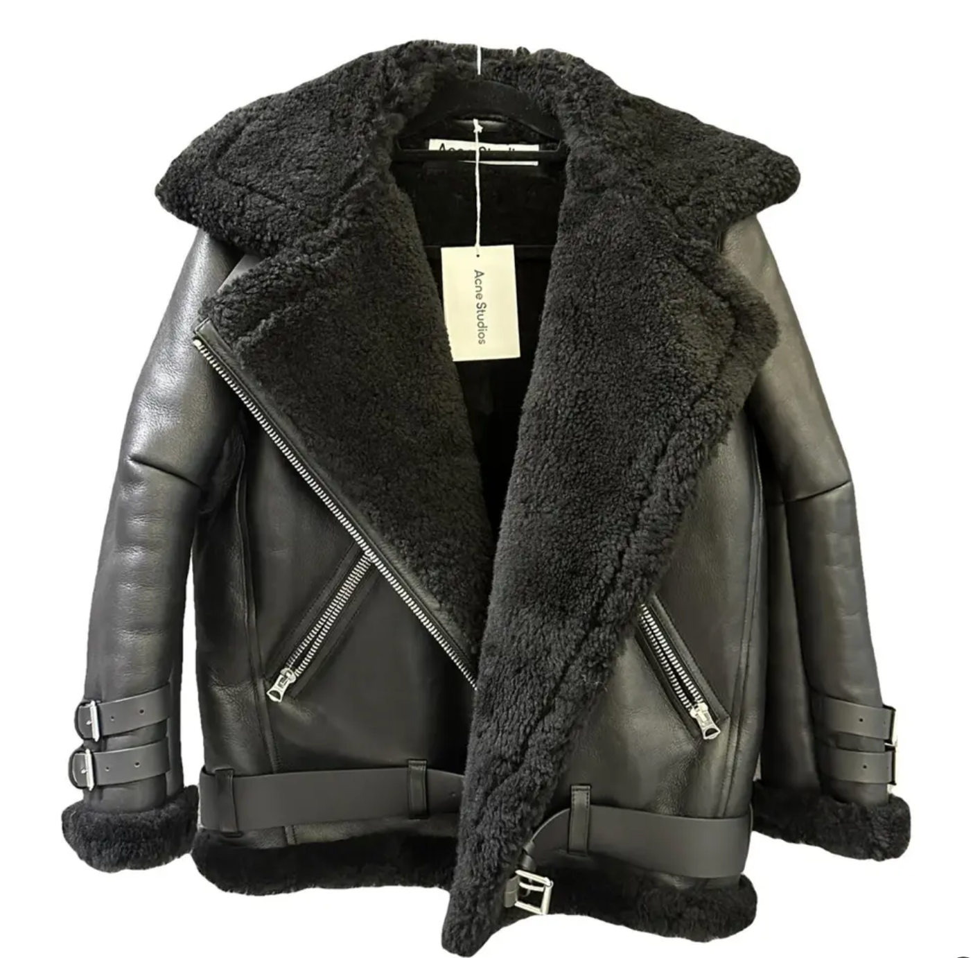 Acne Studios Black Velocite Shearling Biker Jacket Size XS leather