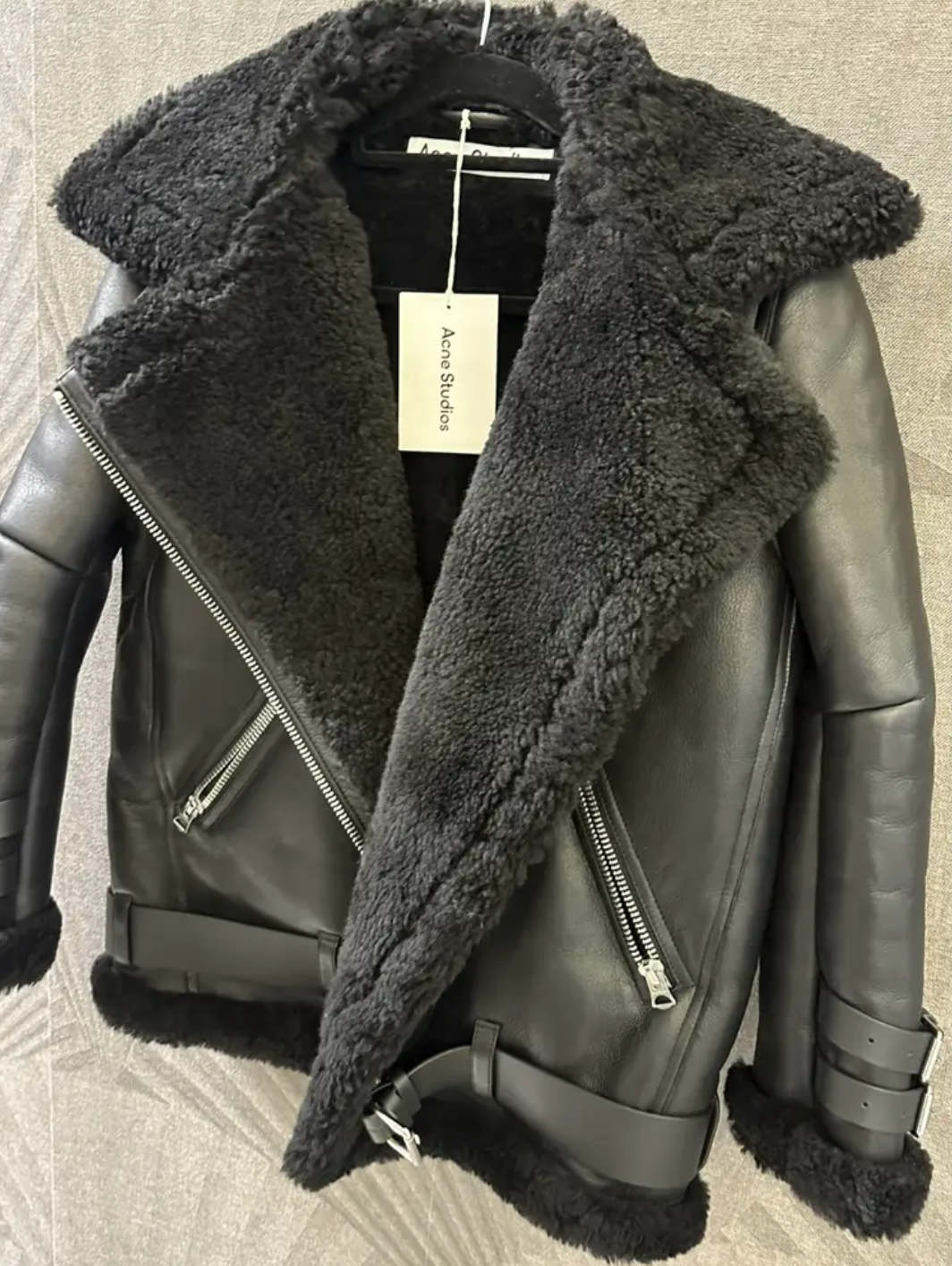 Acne Studios Black Velocite Shearling Biker Jacket Size XS leather