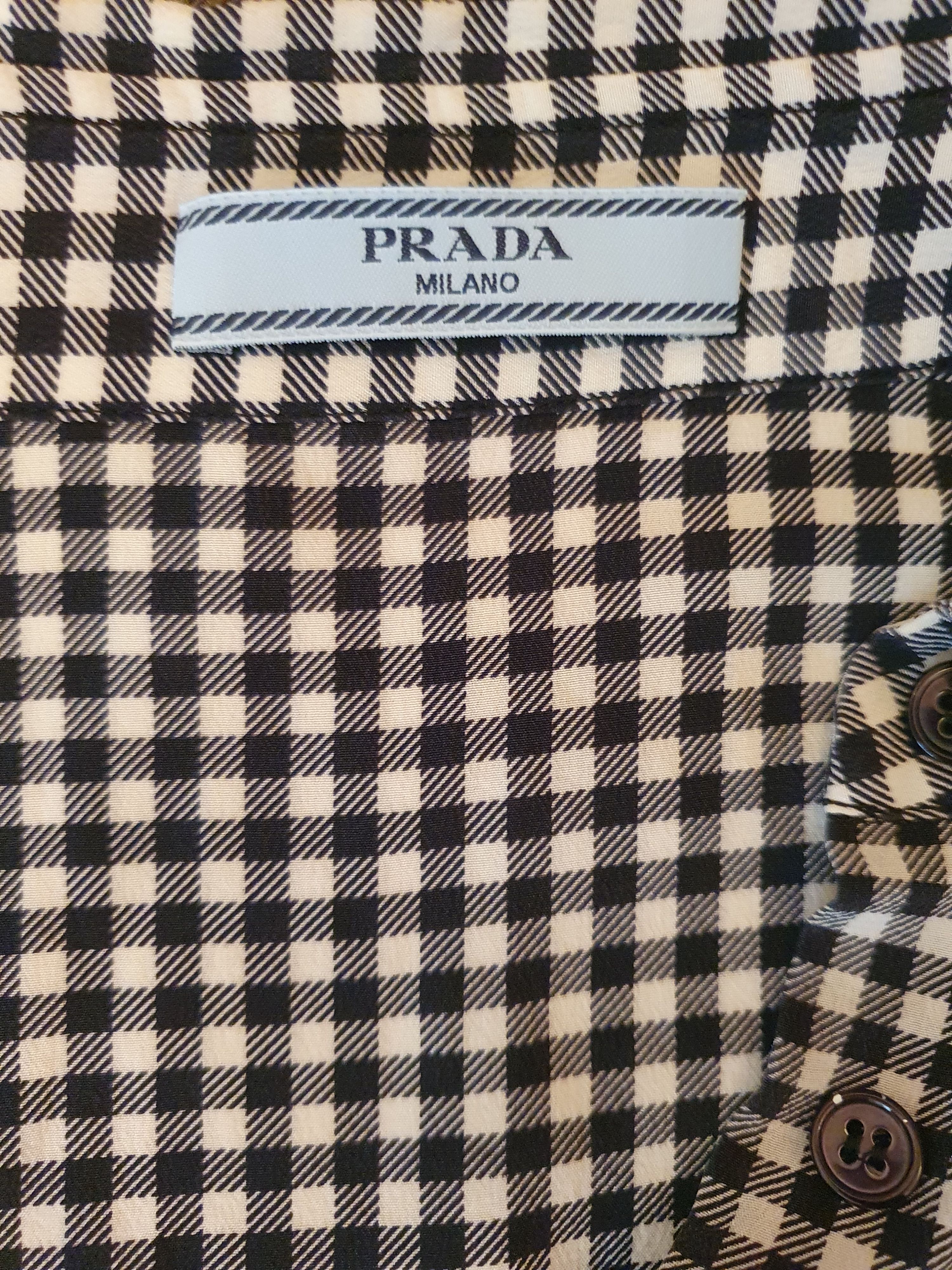 Preowned Prada Black  white gingham silk crepe blouse Size S Black/White